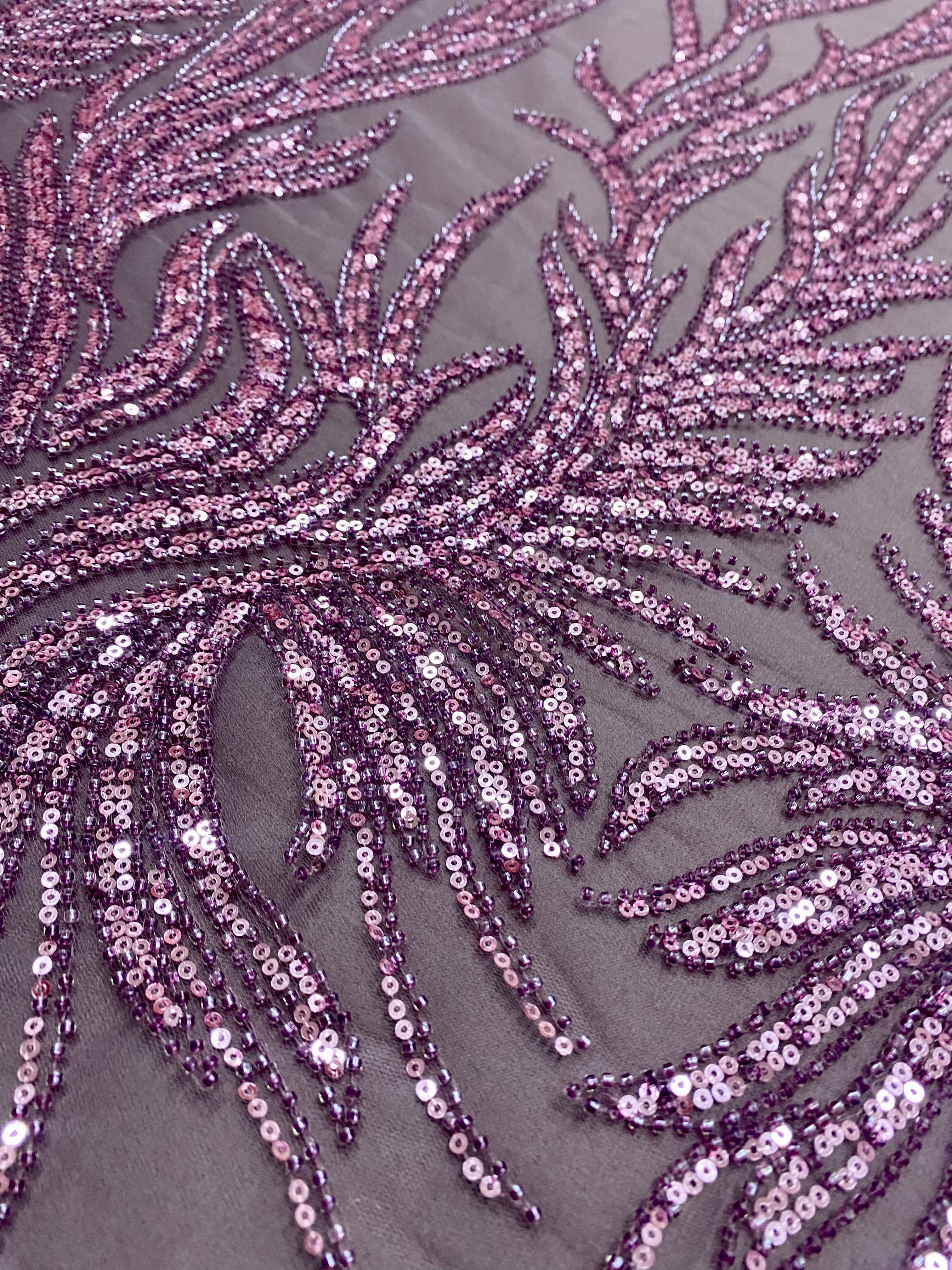 Dantela Couture Lavanda Pudrata cu Siraguri, cu Margele si Paiete