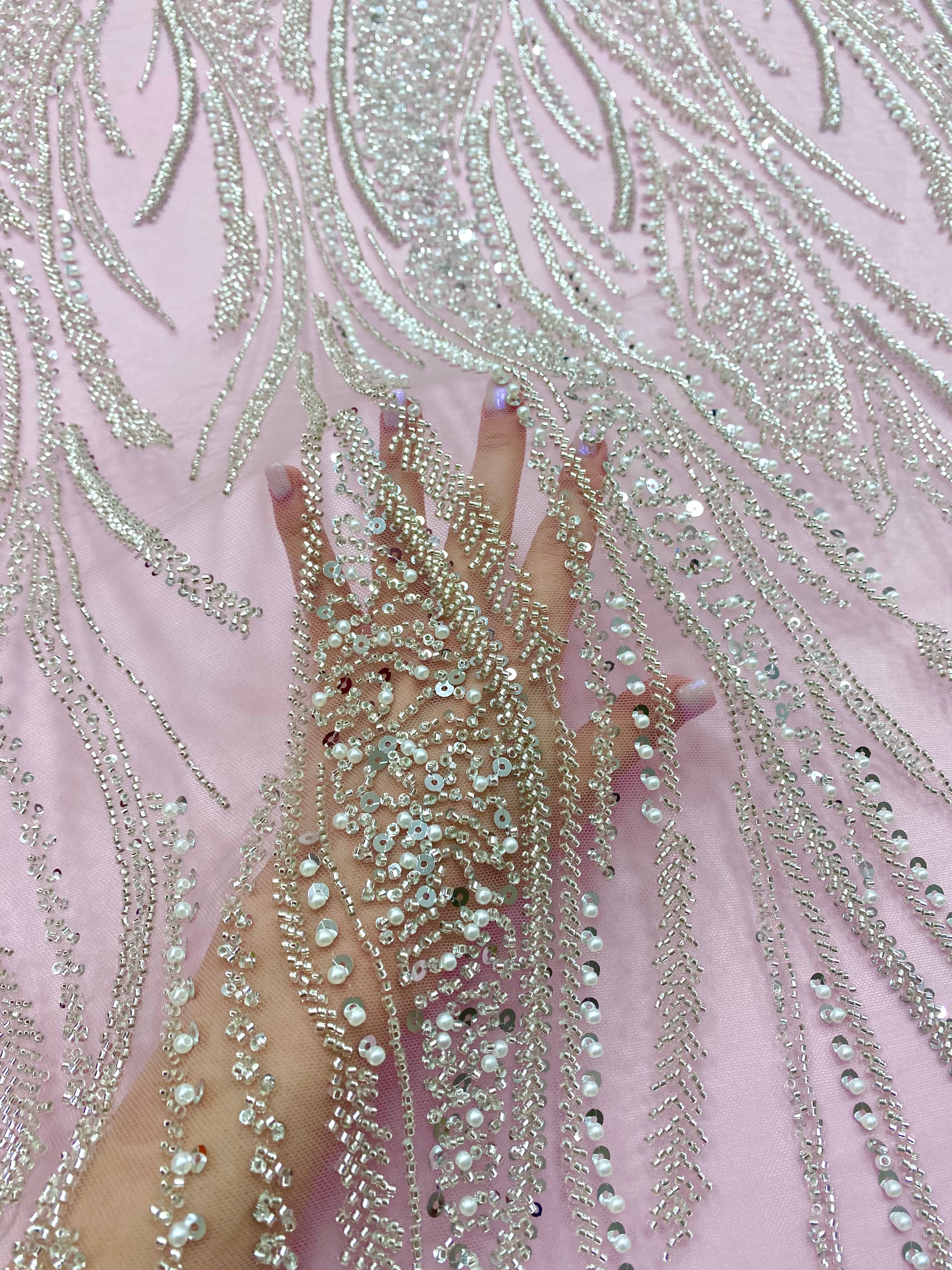 Silver Lace with Linear Pattern, with Pearls and Sequins