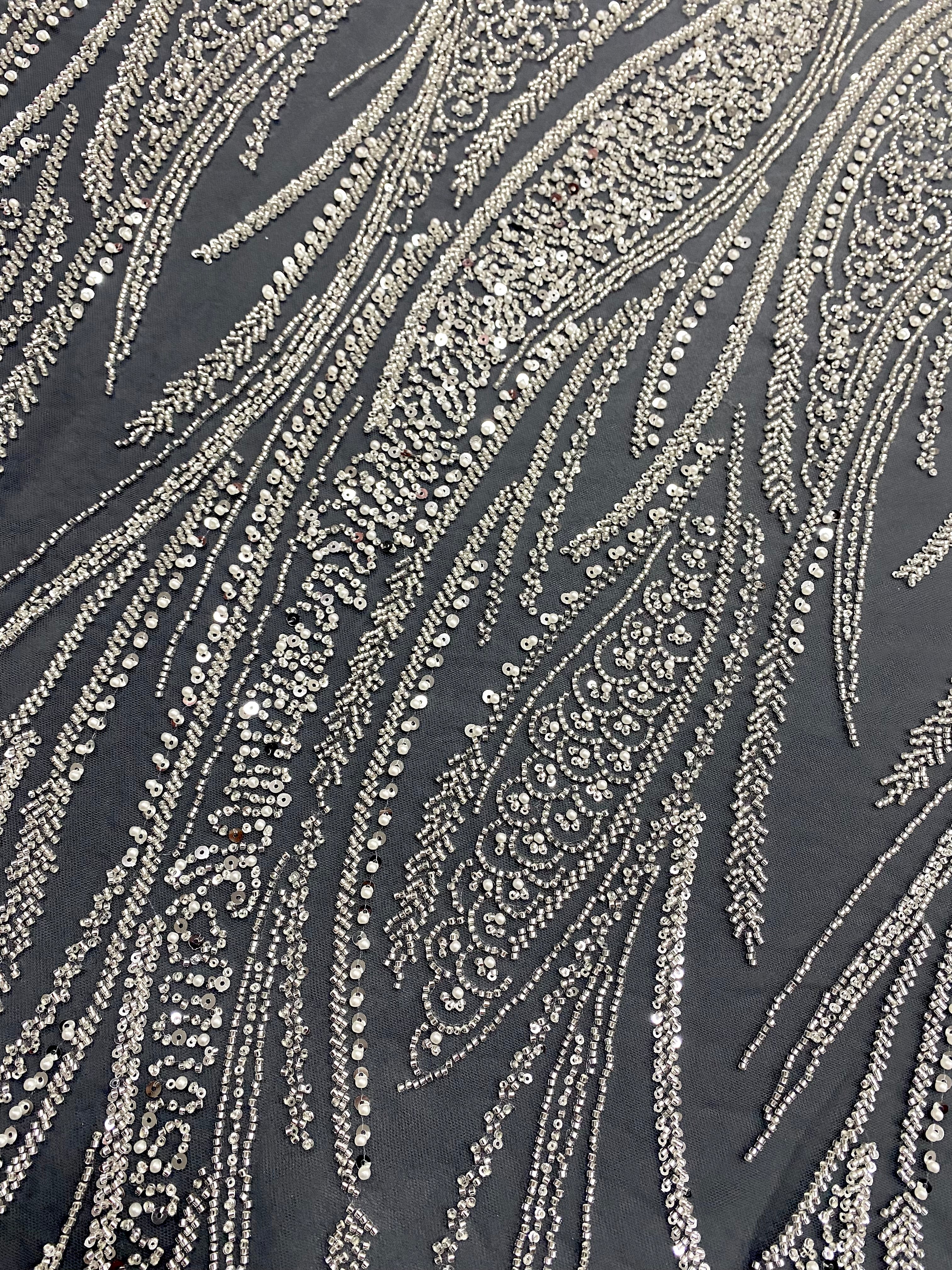 Silver Couture Lace on Anthracite Tulle with Panel, with Pearls, Beads and Sequins