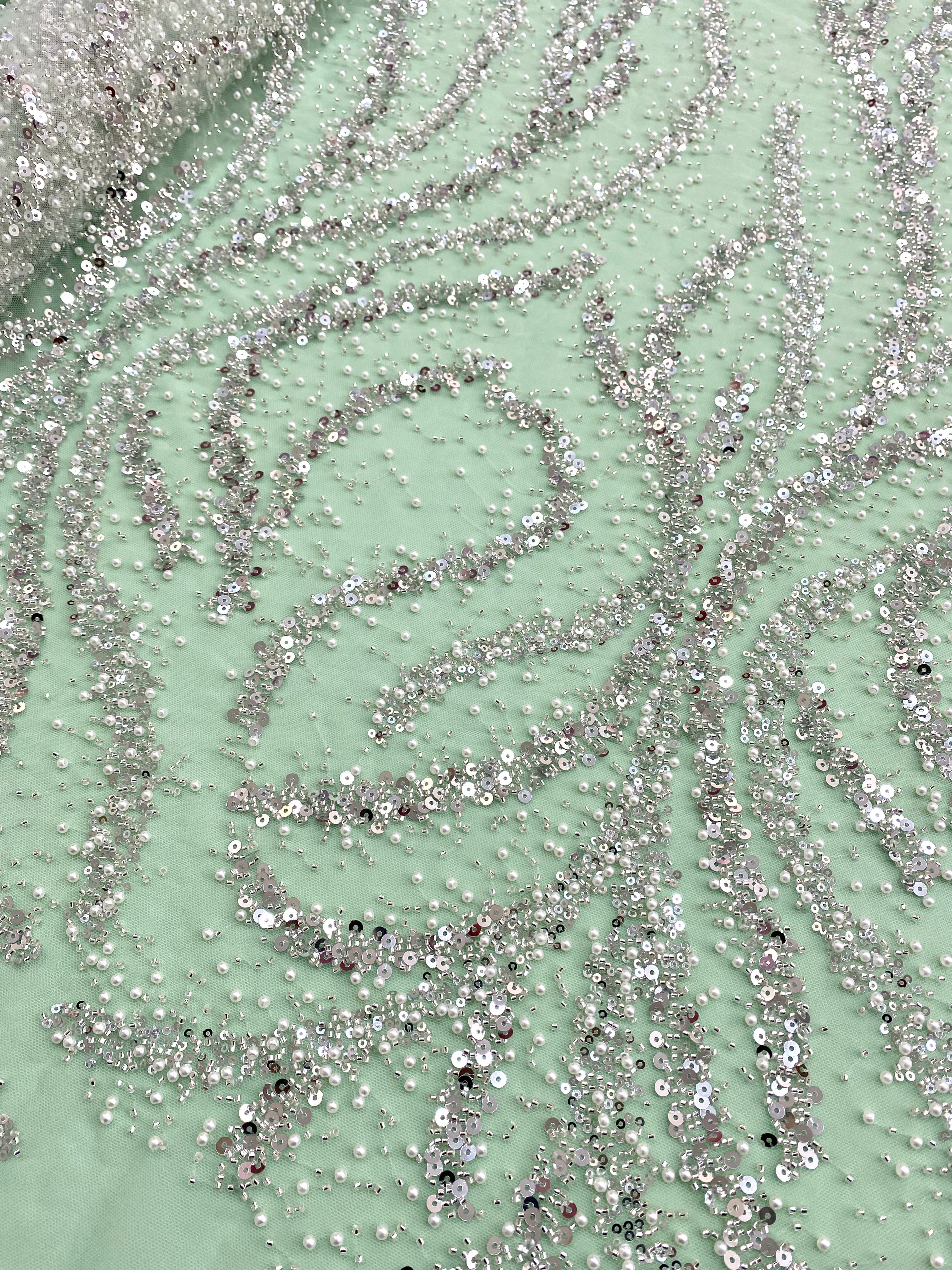 Silver Couture Lace on Mint Green Tulle with Pearls, Beads and Sequins