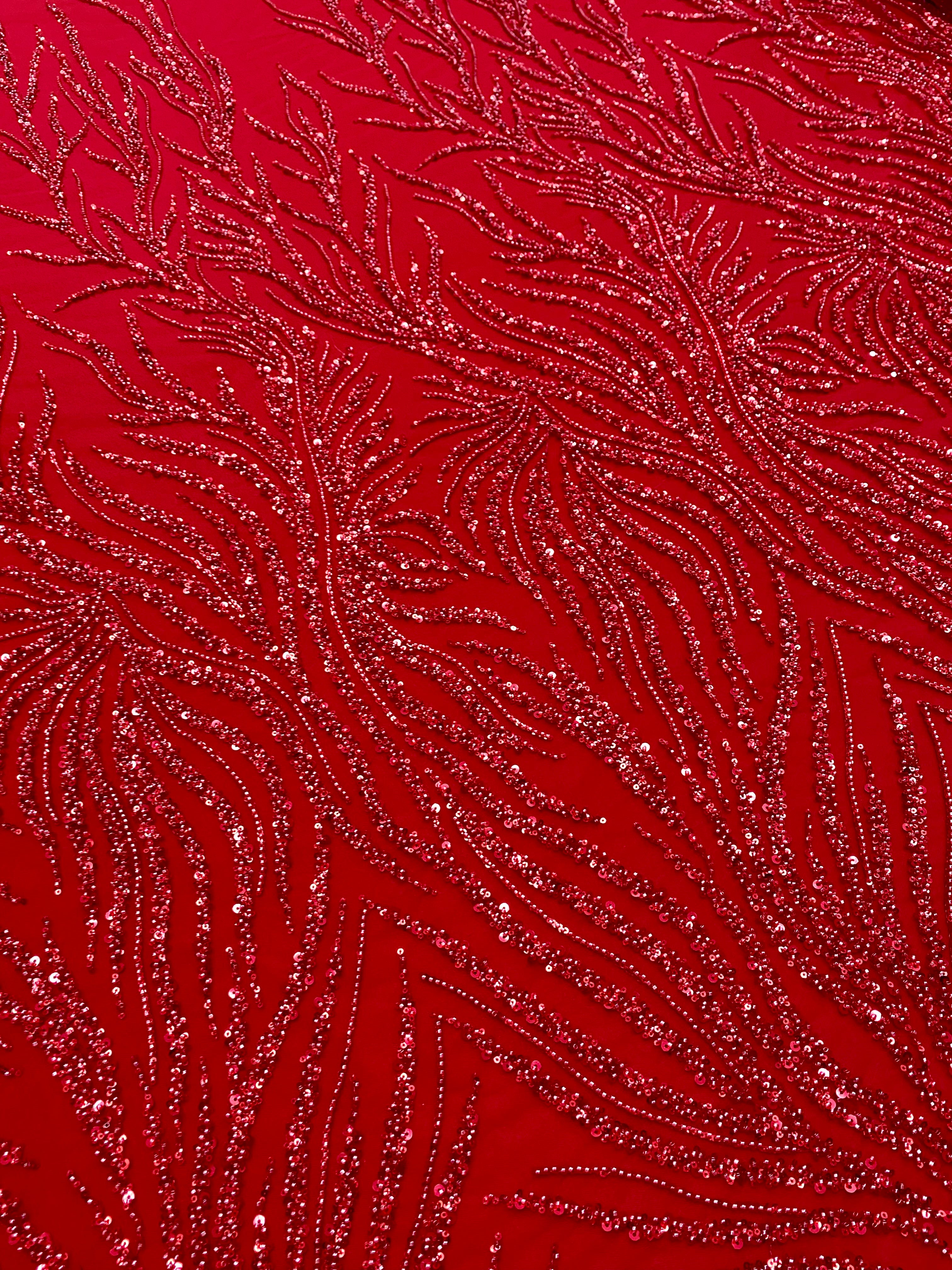 Red Couture Lace with Strings, Beads and Sequins