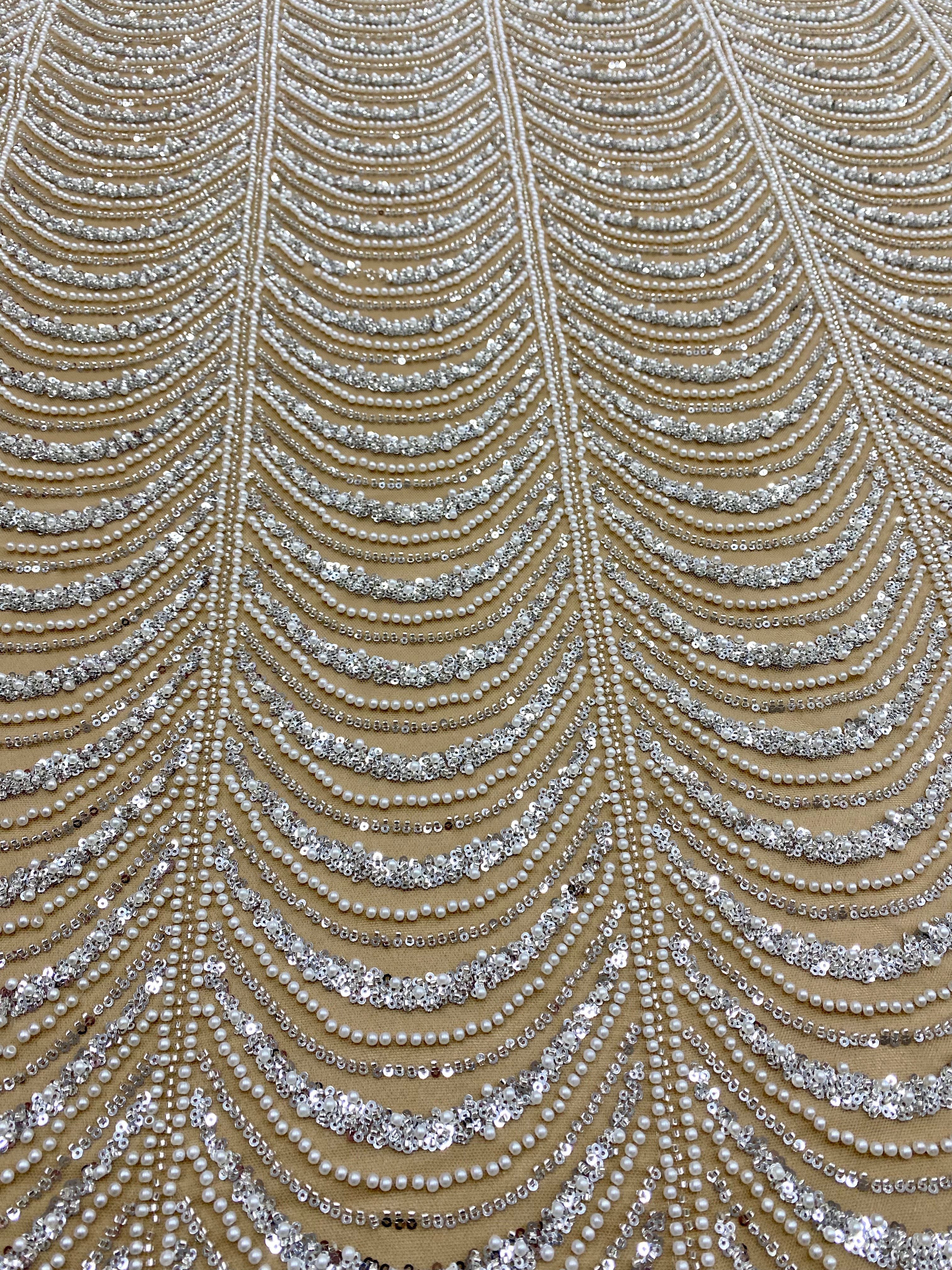 Silver Lace with Linear Pattern, with Pearls and Sequins