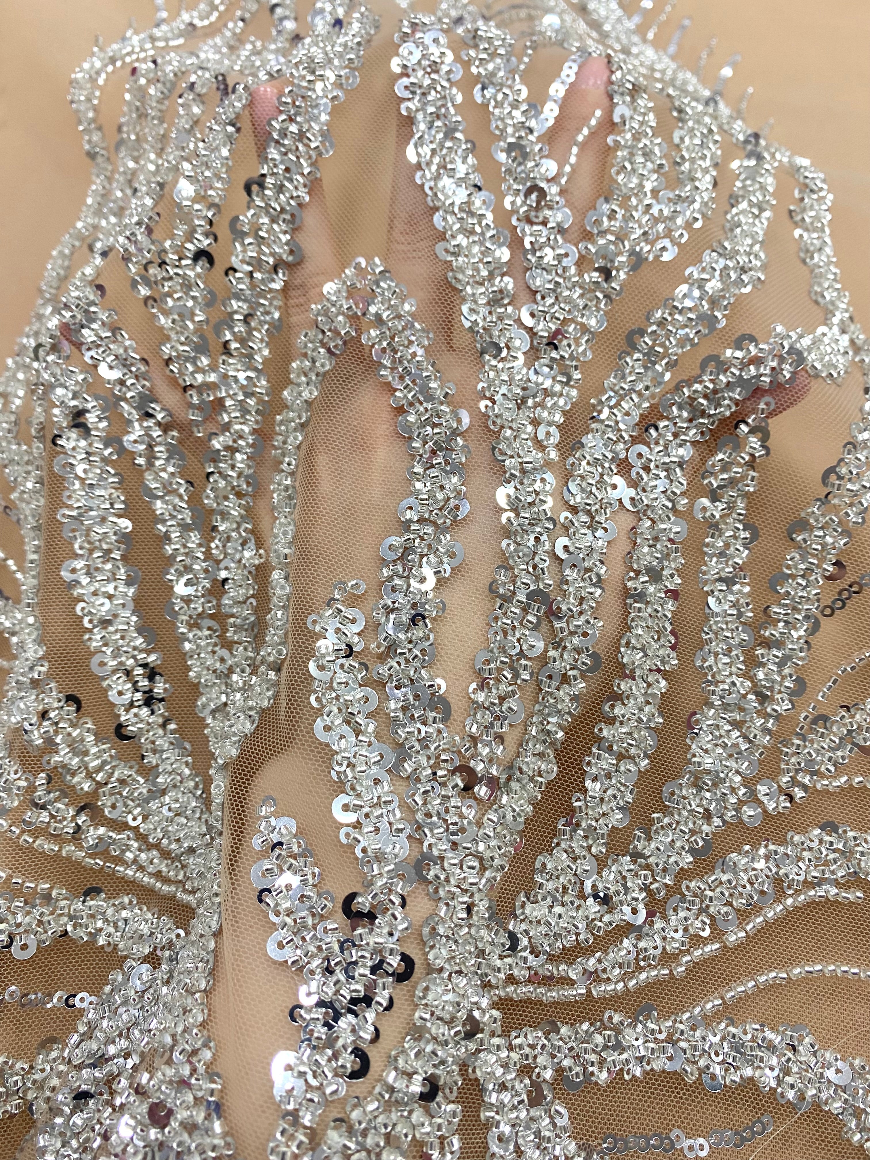 Silver Couture Lace on Nude Tulle with Panel, Beading and Sequins
