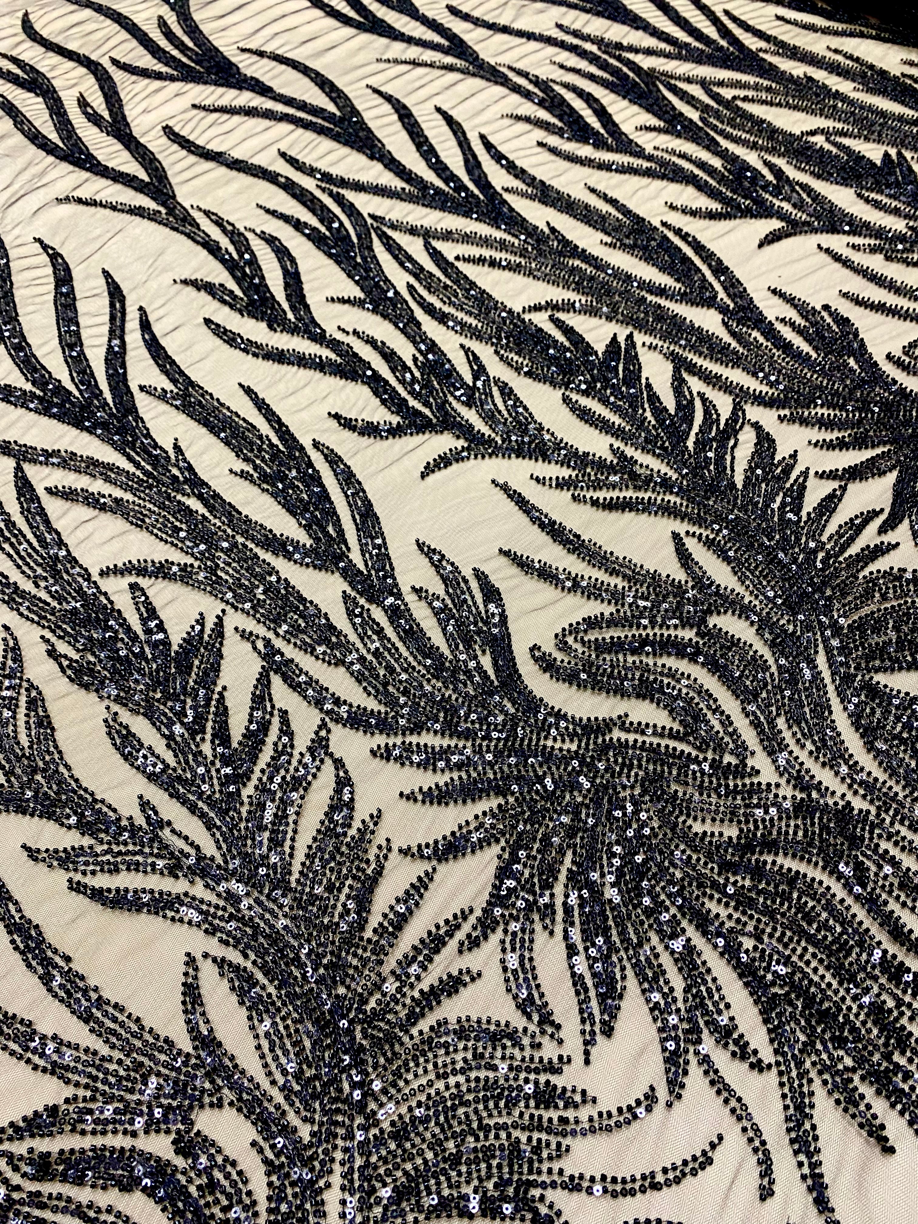 Dantela Couture Neagra cu Siraguri, cu Margele si Paiete