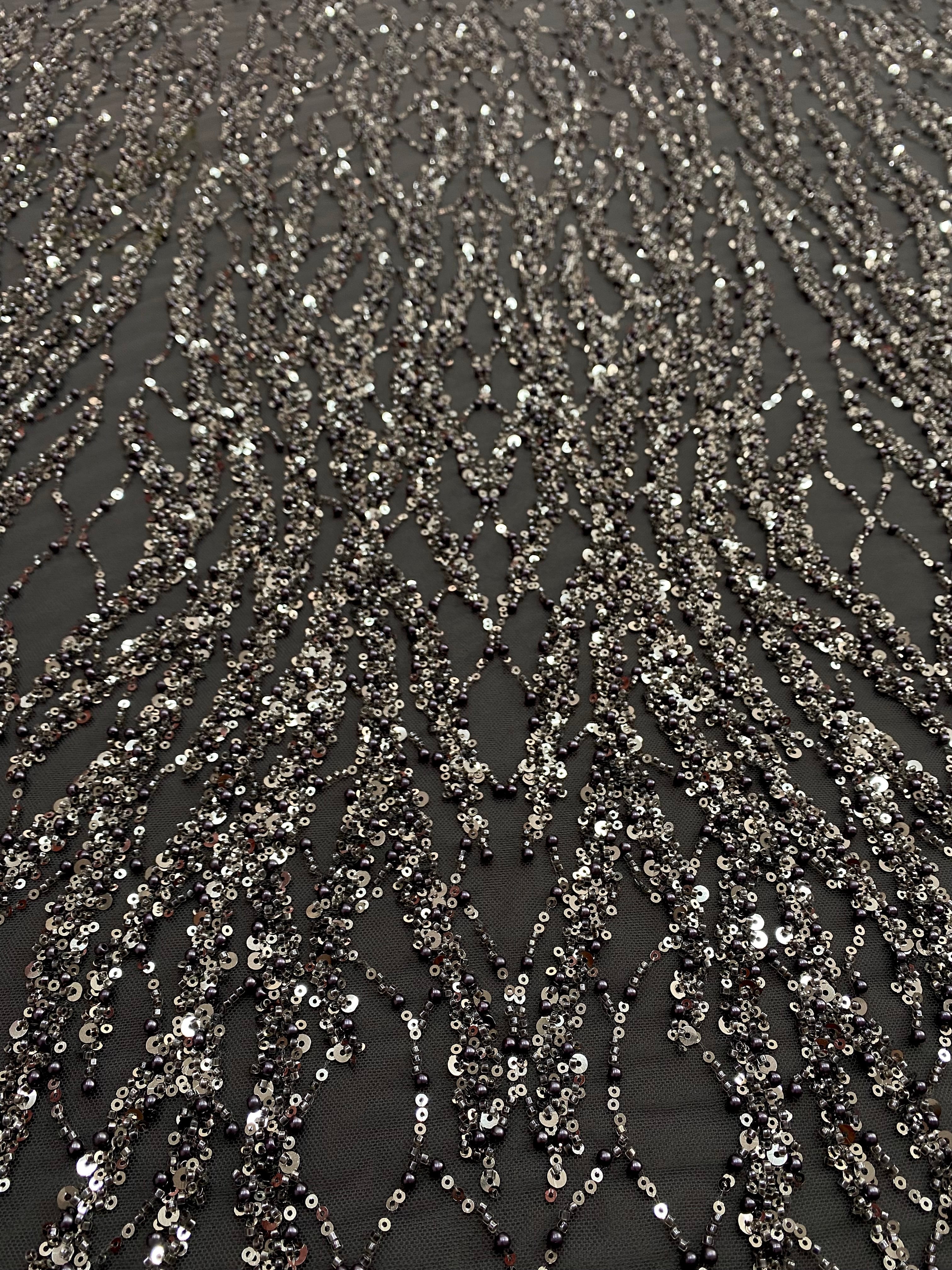 Silver Lace with Linear Pattern, with Pearls and Sequins