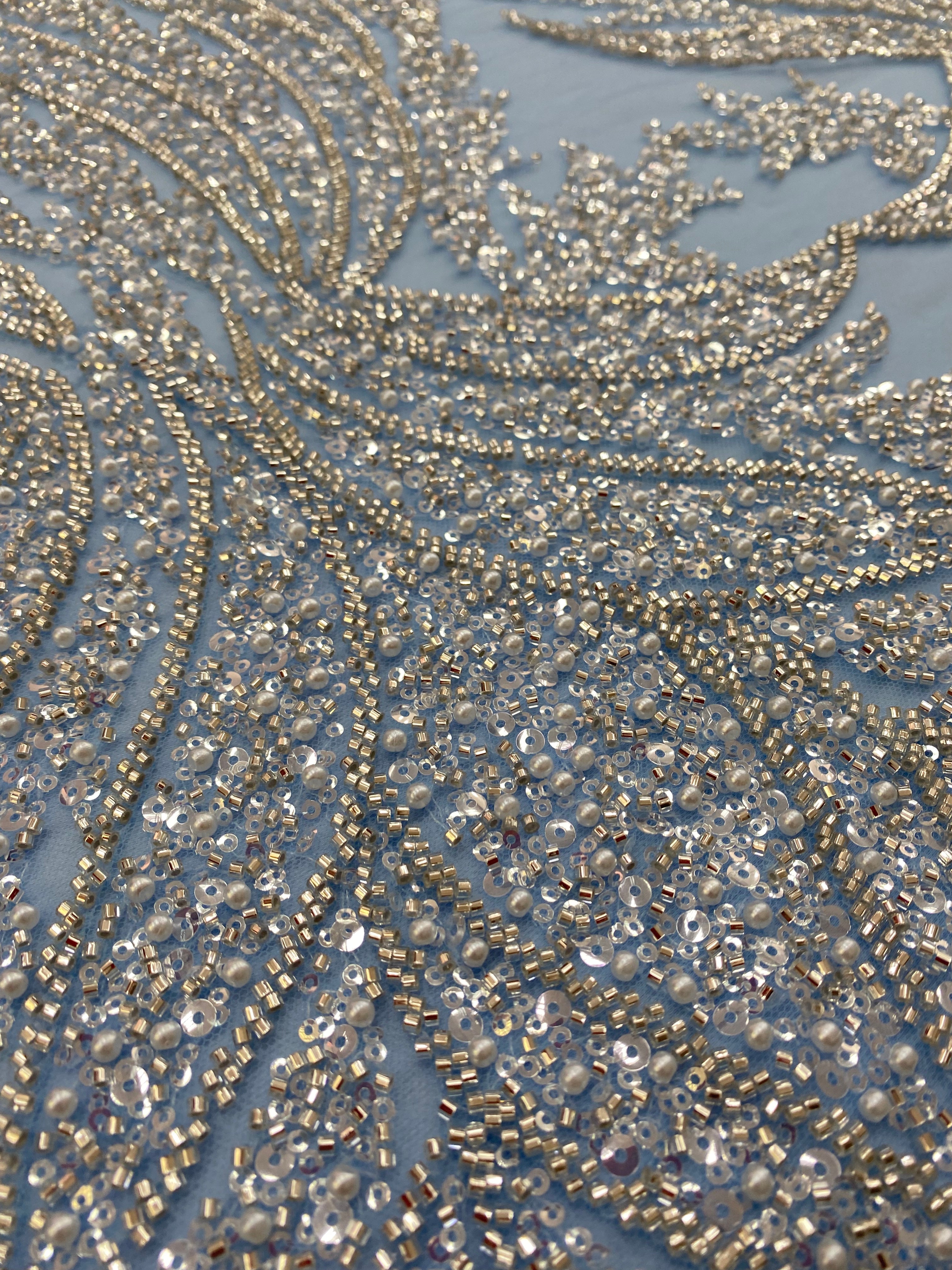 Silver Couture Lace on Blue Tulle with Panel, with Pearls, Beads and Sequins