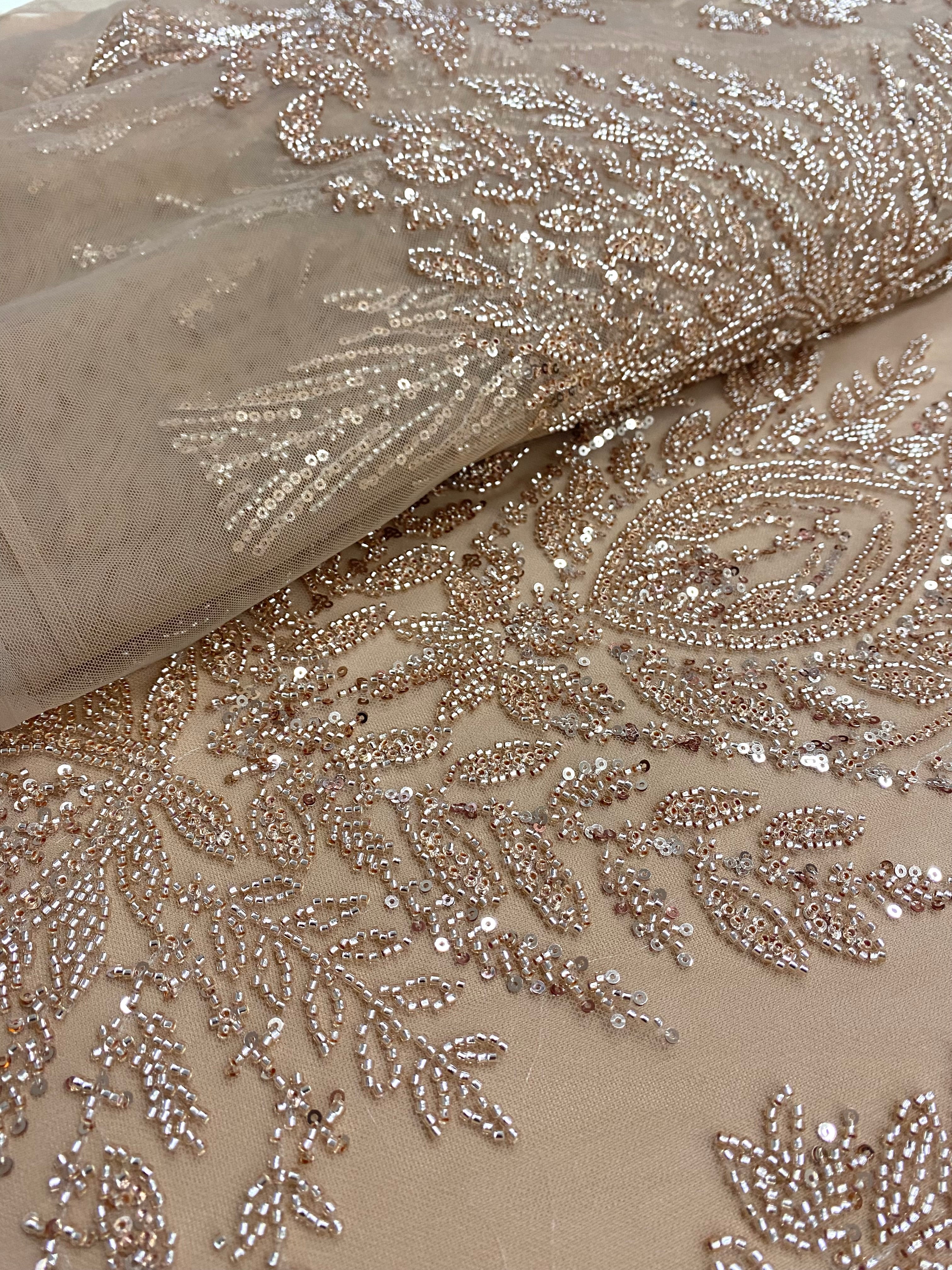 Rose Gold Couture Lace with Symmetrical Pattern, with Beads and Sequins 