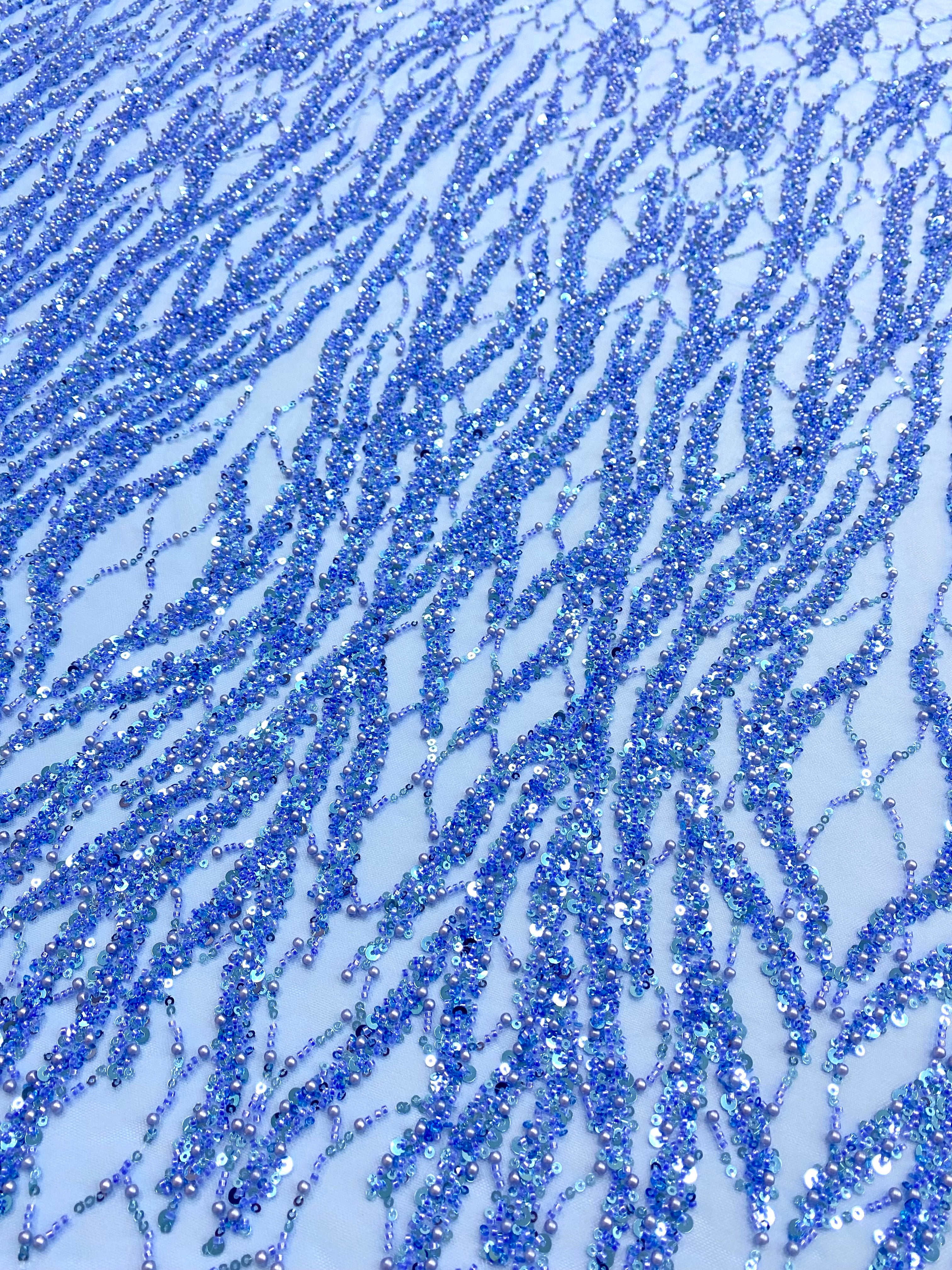 Dantela Couture Sky Blue cu Siraguri cu Perle, Margele si Paiete