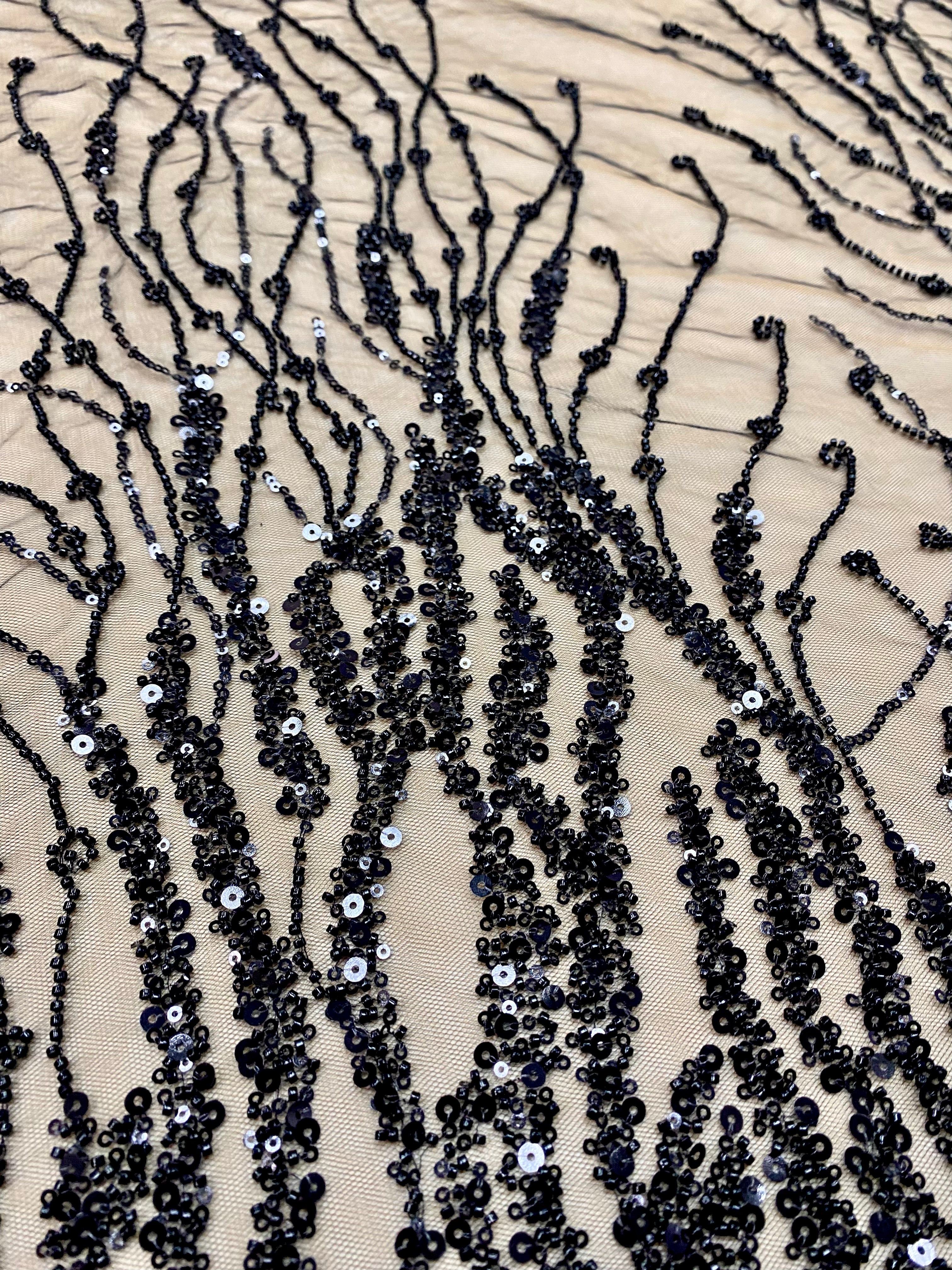 Black Couture Lace with Strings, Beads and Sequins