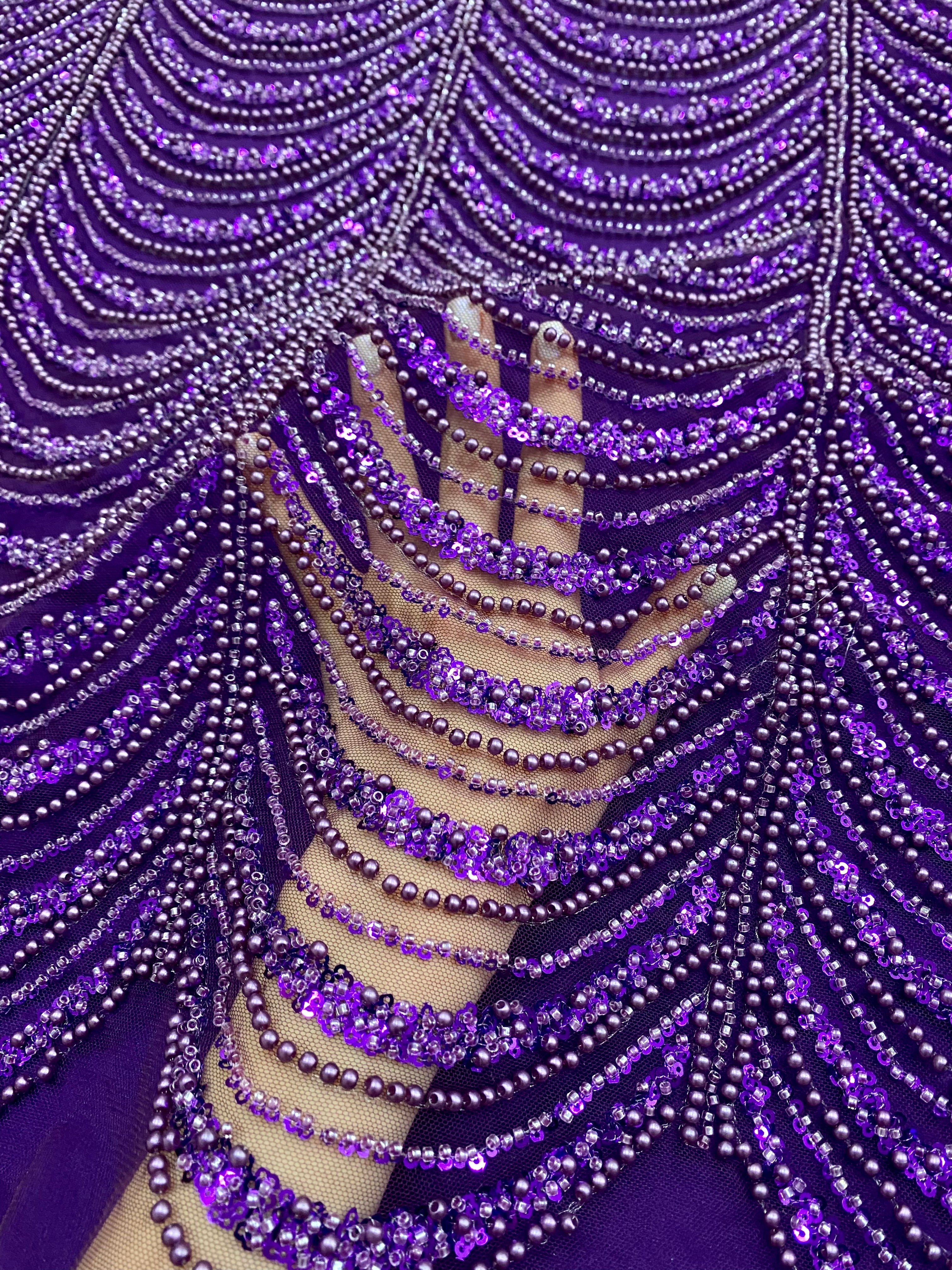 Silver Lace with Linear Pattern, with Pearls and Sequins