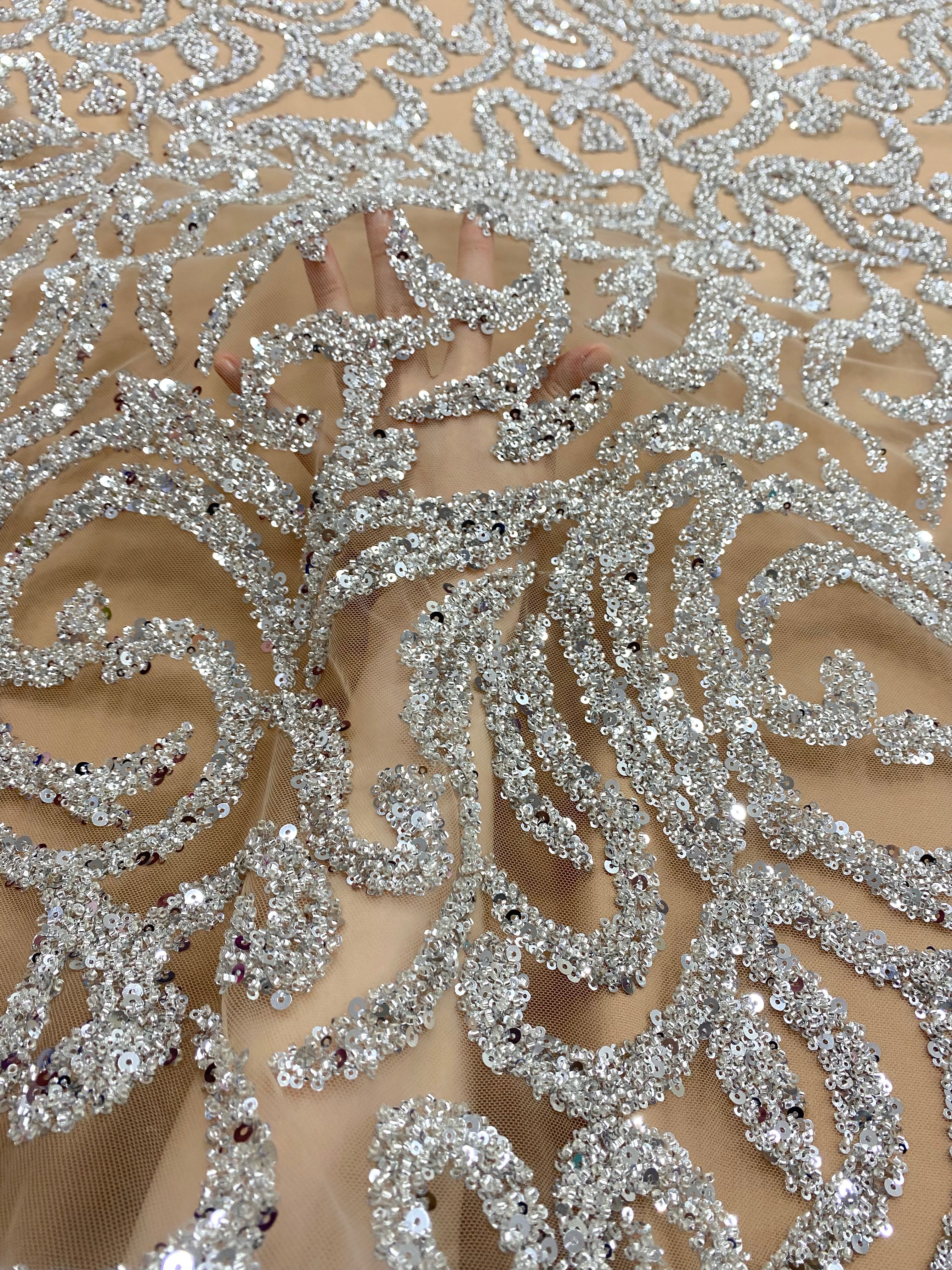 Silver Couture Lace on Nude Tulle with Beads and Sequins 