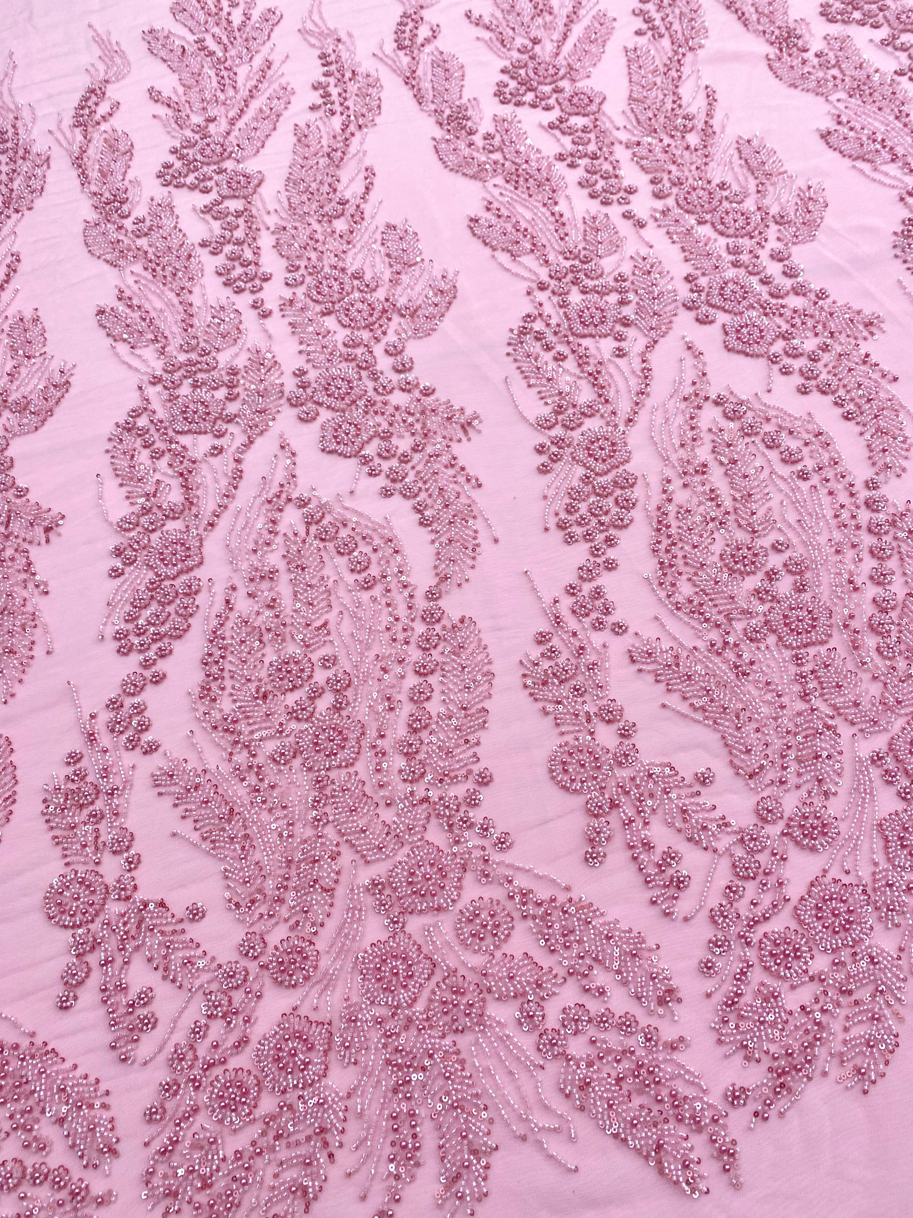 Dantela Couture Roz cu Model Floral, Perle, Margele si Paiete