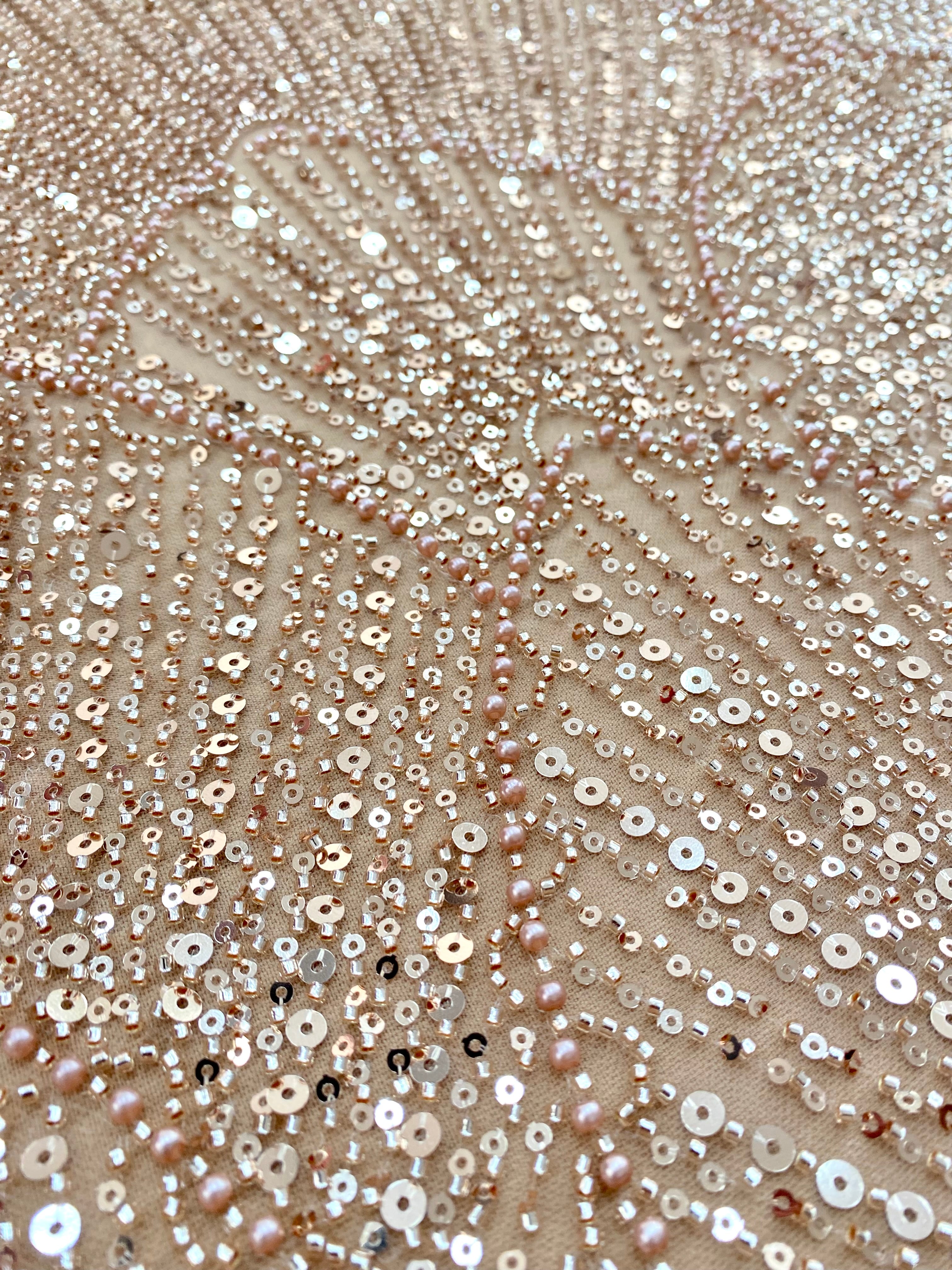 Rose Gold Couture Lace with Geometric Pattern, with Pearls, Beads and Sequins 