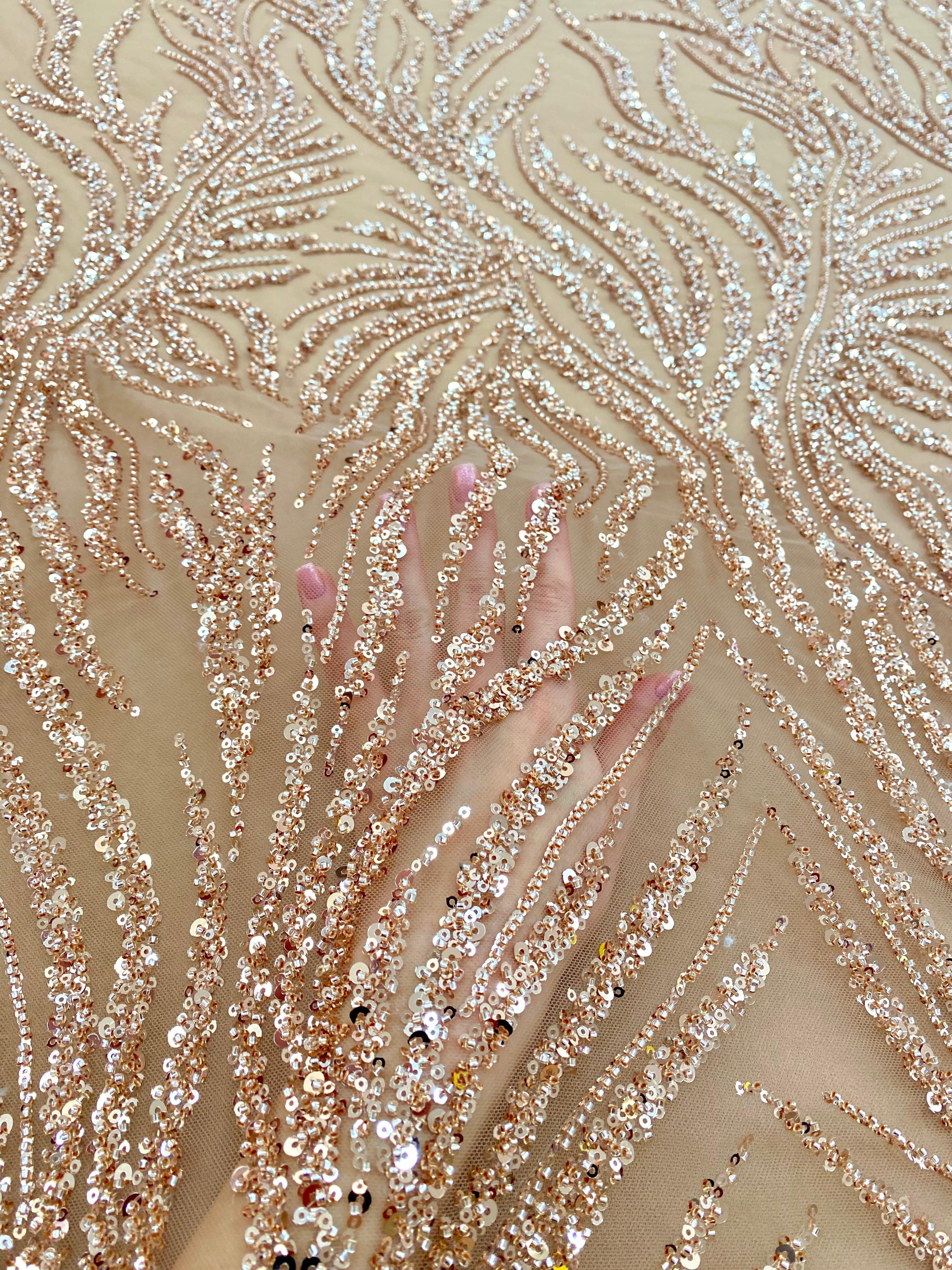 Rose Gold Couture Lace with Strings, Beads and Sequins