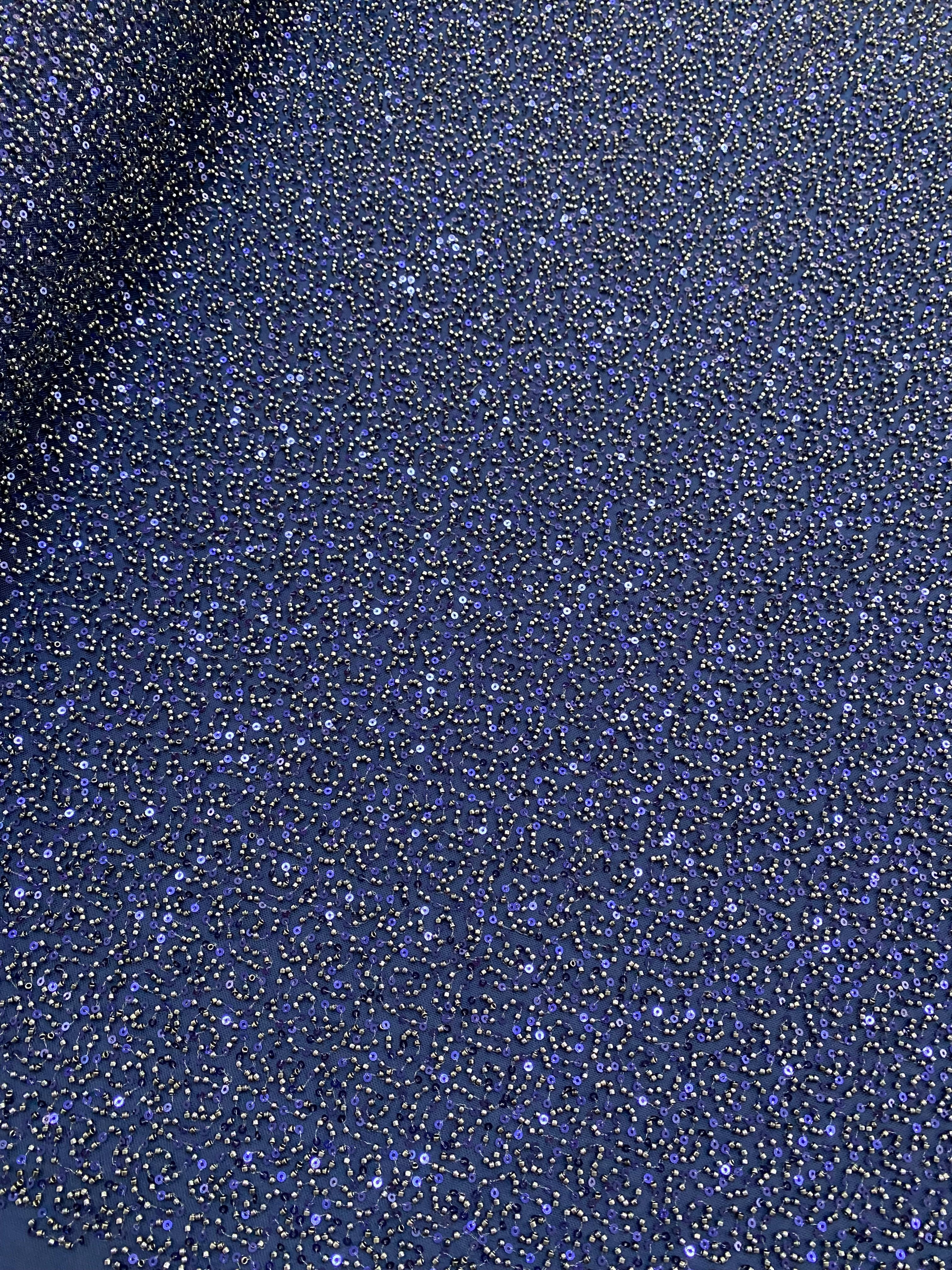 Navy Blue Couture Lace with General Pattern, with Beads and Sequins 