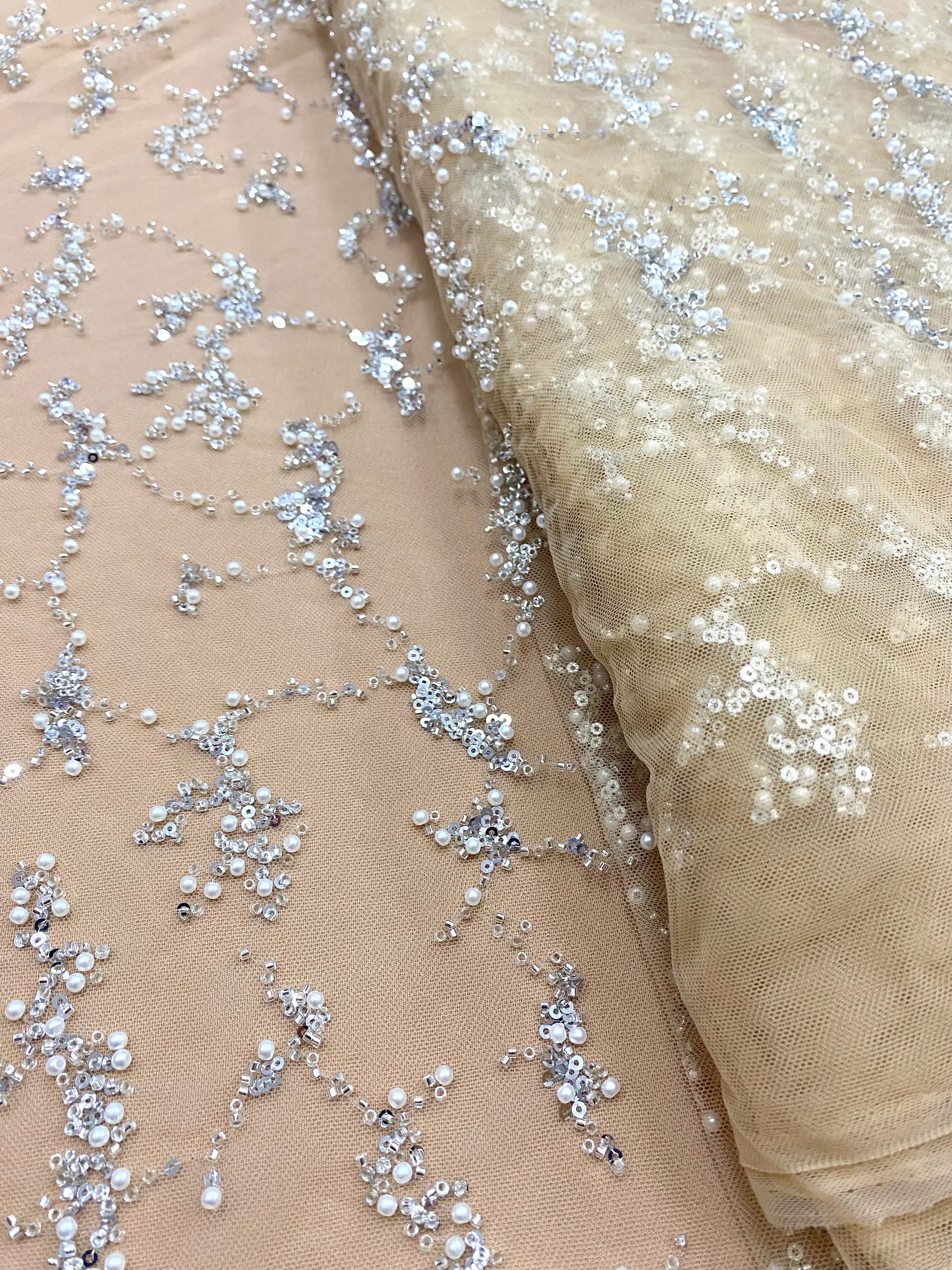 Silver Couture Lace on Nude Tulle, with Pearls, Beads and Sequins