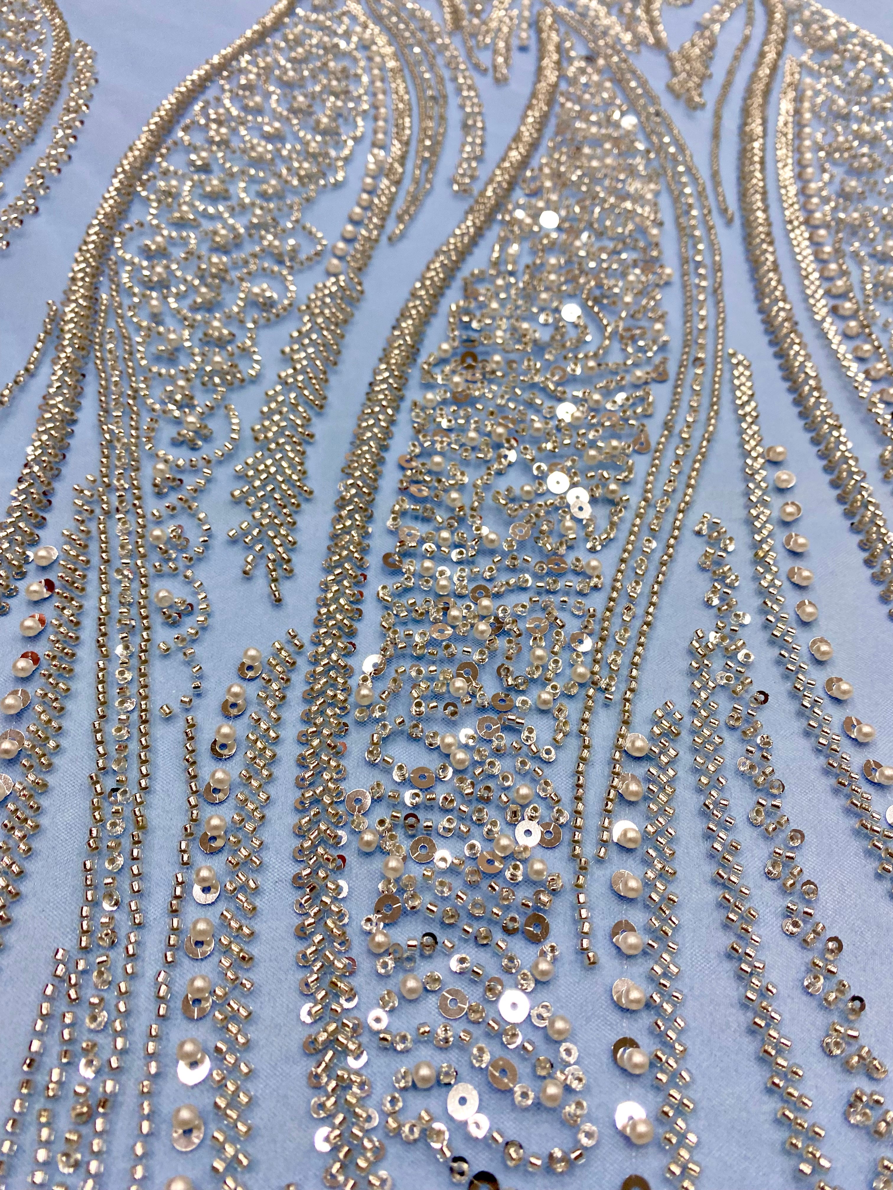Silver Lace with Linear Pattern, with Pearls and Sequins