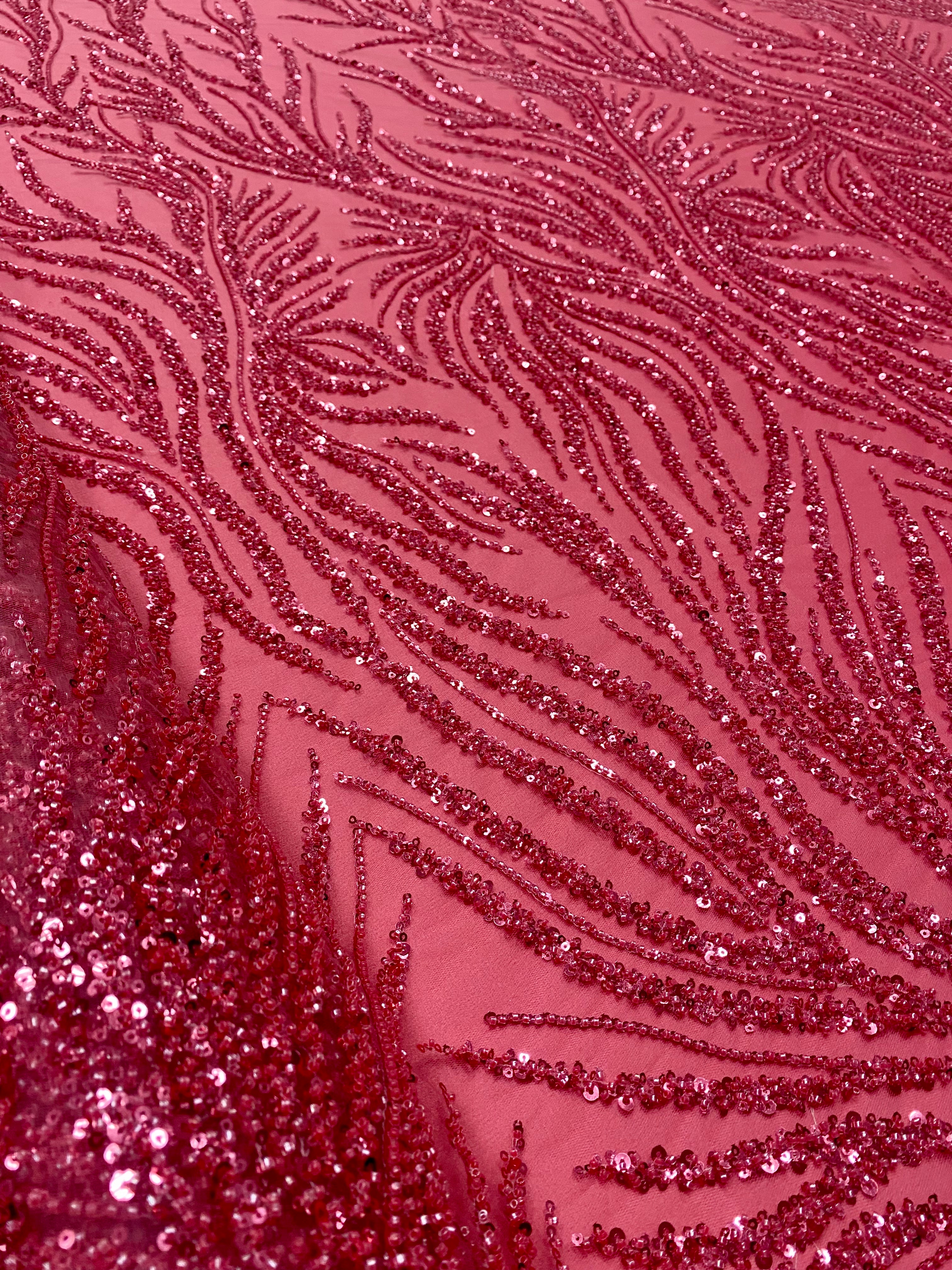 Dantela Couture Roz Coral cu Siraguri, cu Margele si Paiete