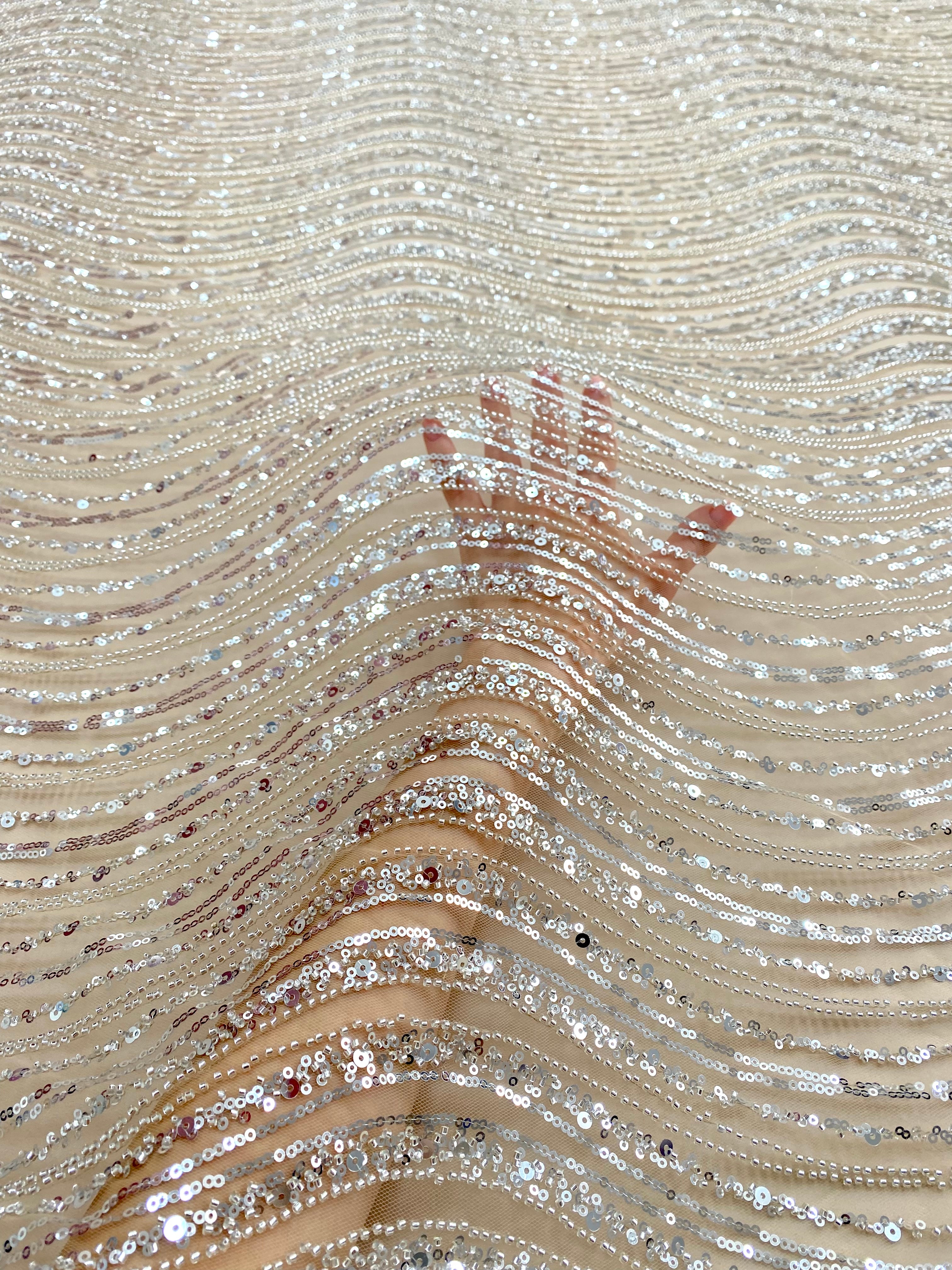 Silver Lace with Geometric Pattern, with Beads and Sequins