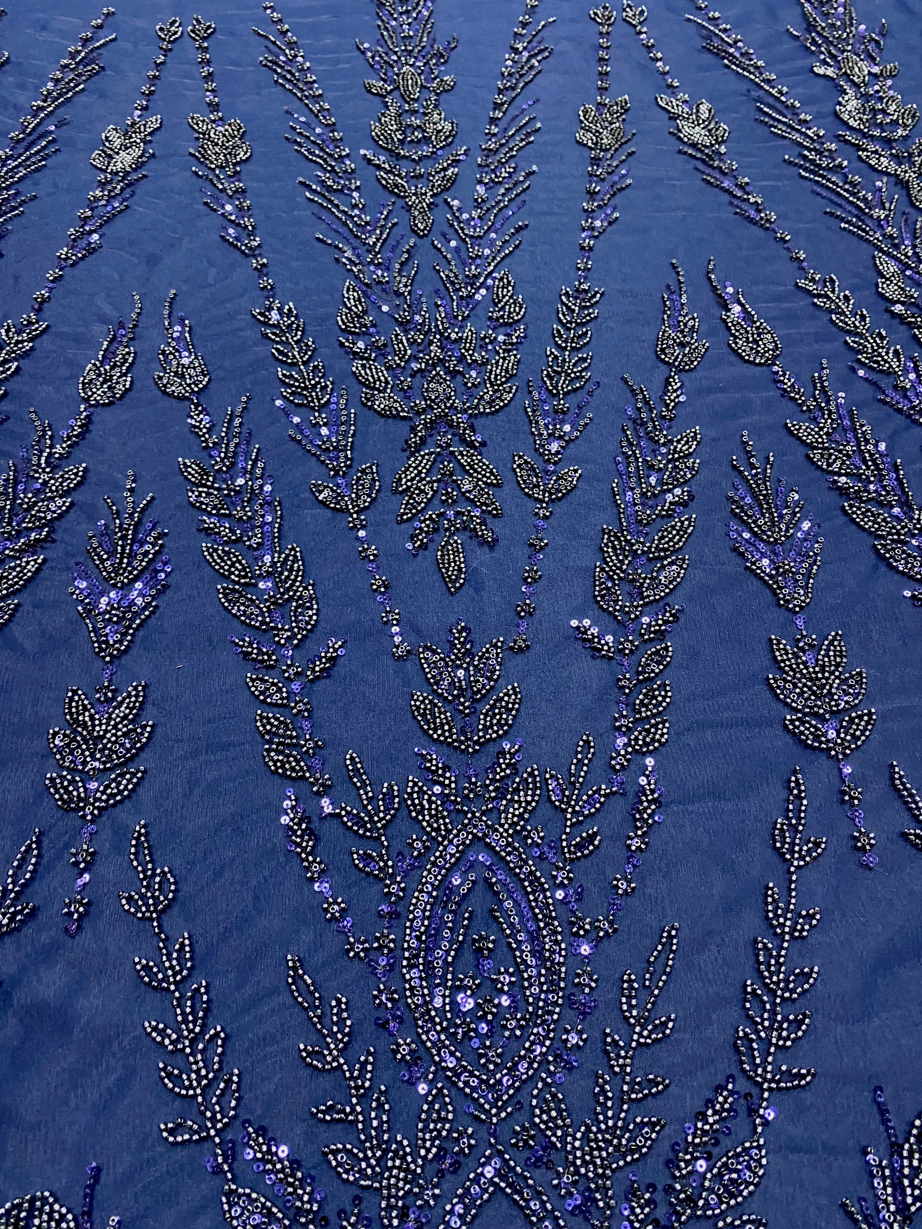 Navy Blue Couture Lace with Symmetrical Pattern, with Beads and Sequins 