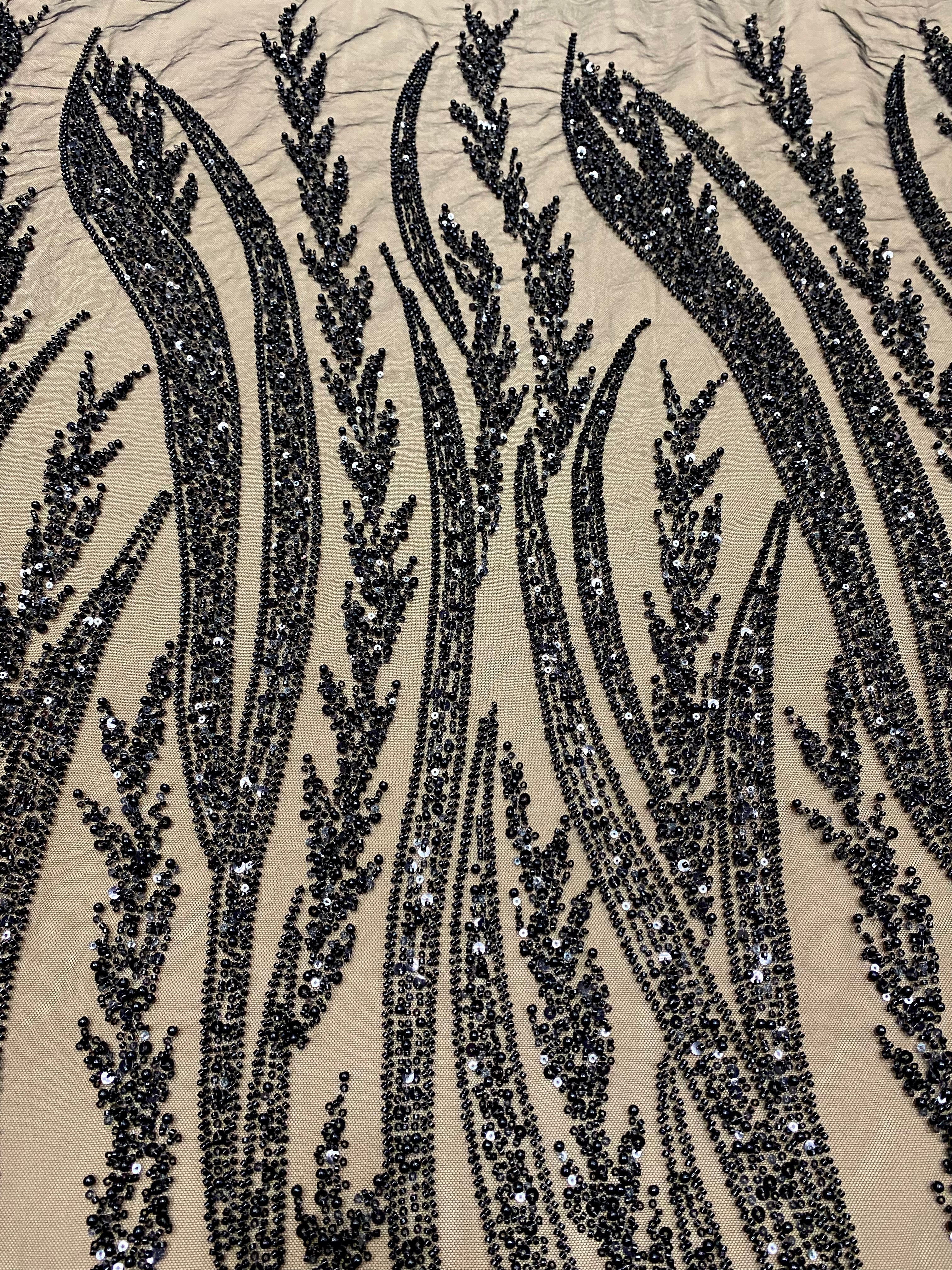 Silver Couture Lace on Blue Tulle, with Symmetrical Pattern, with Beads and Sequins 