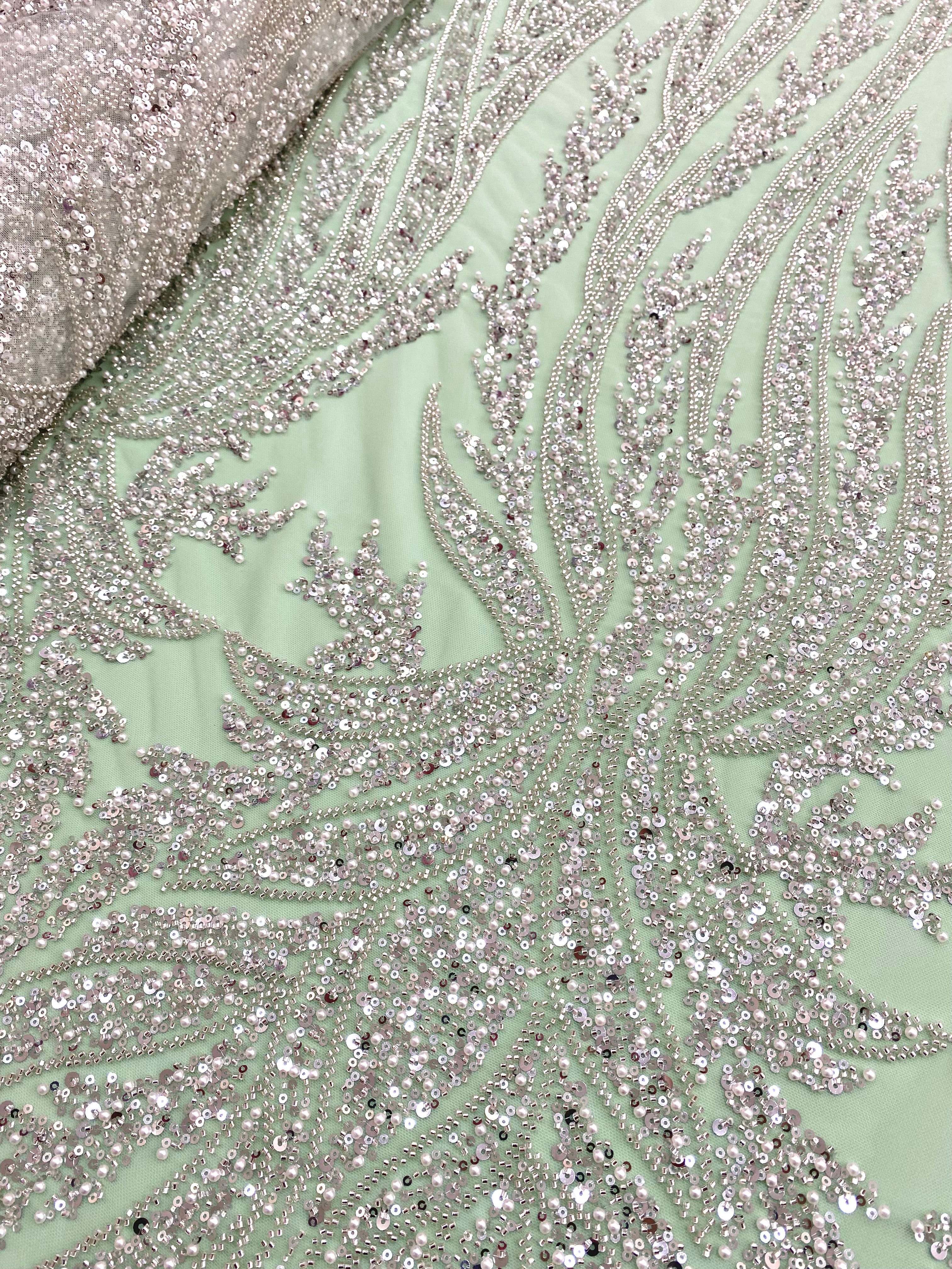 Silver Couture Lace on Mint Green Tulle with Panel, with Pearls, Beads and Sequins