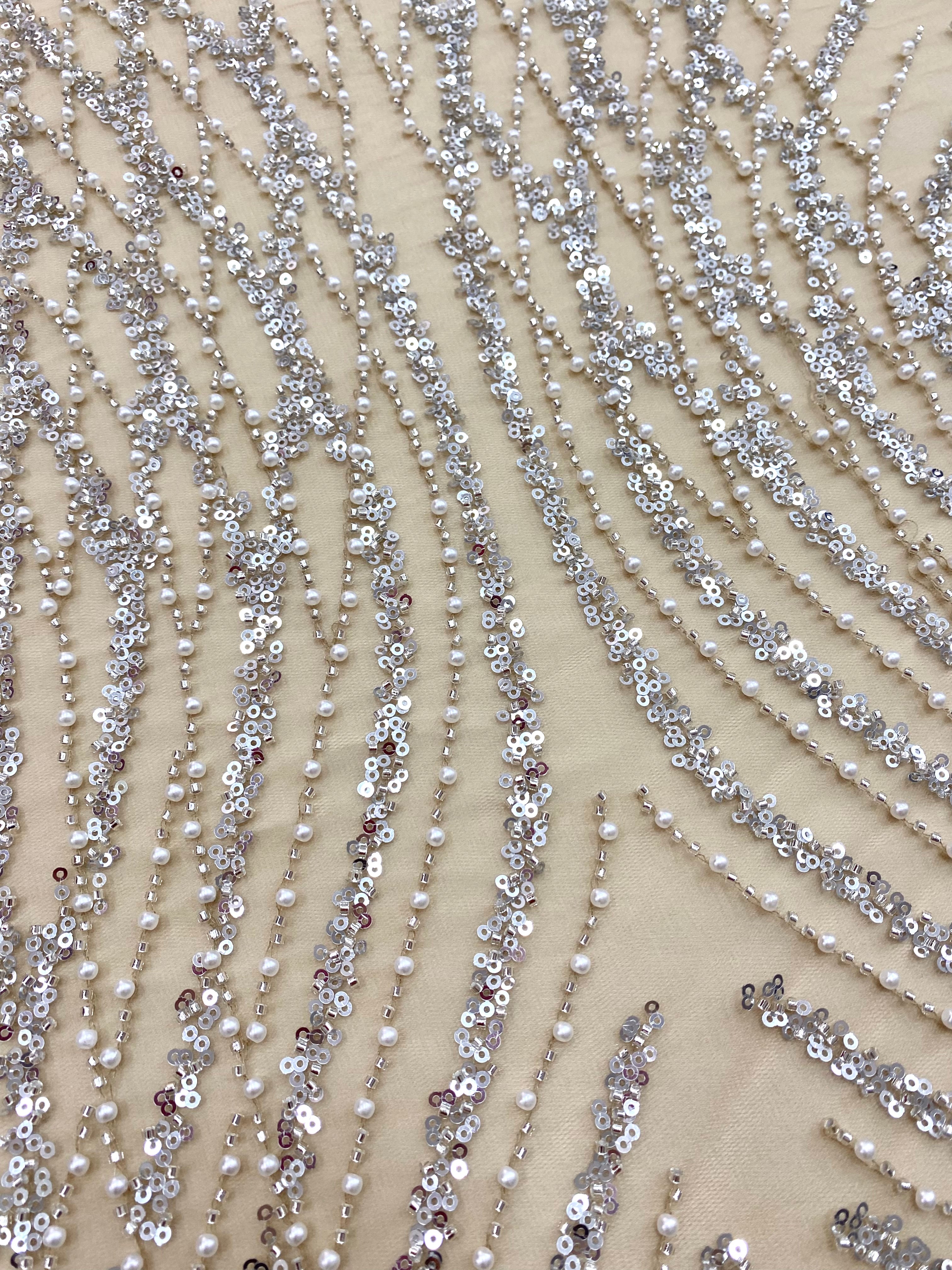 Silver Couture Lace on Nude Tulle with Panel, with Pearls, Beads and Sequins