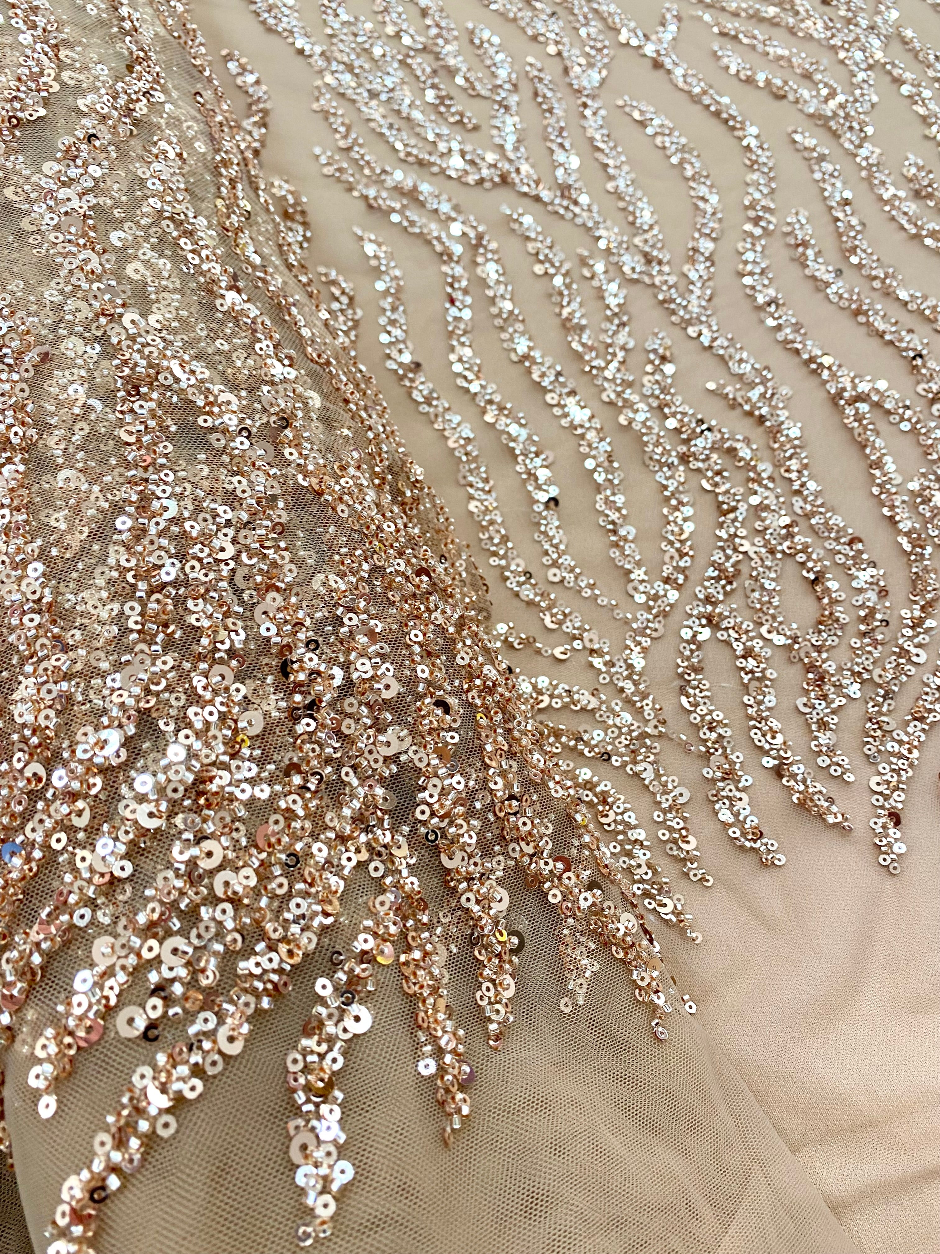 Rose Gold Couture Lace with Strings, Beads and Sequins
