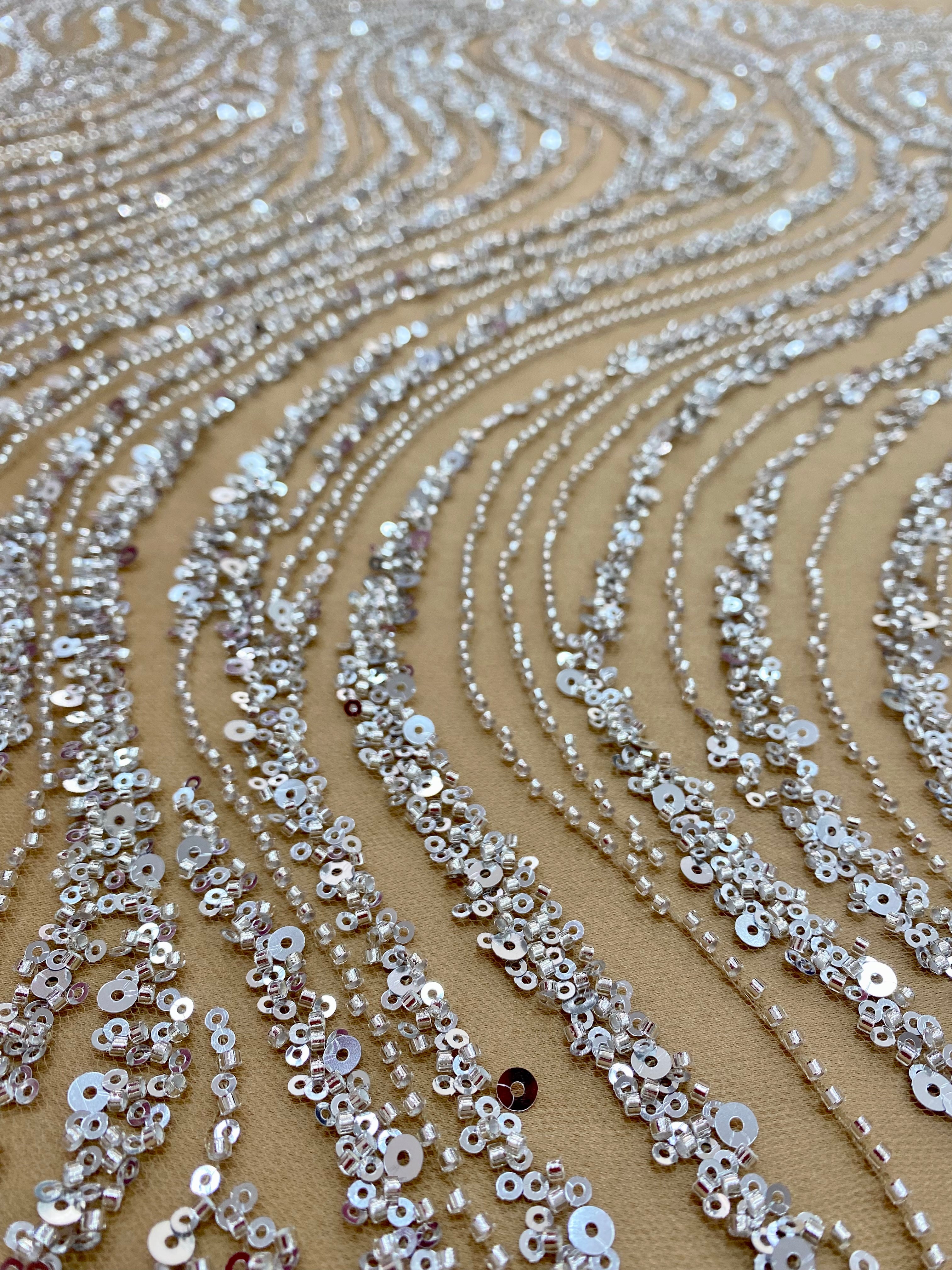 Silver Lace with Linear Pattern, with Pearls and Sequins