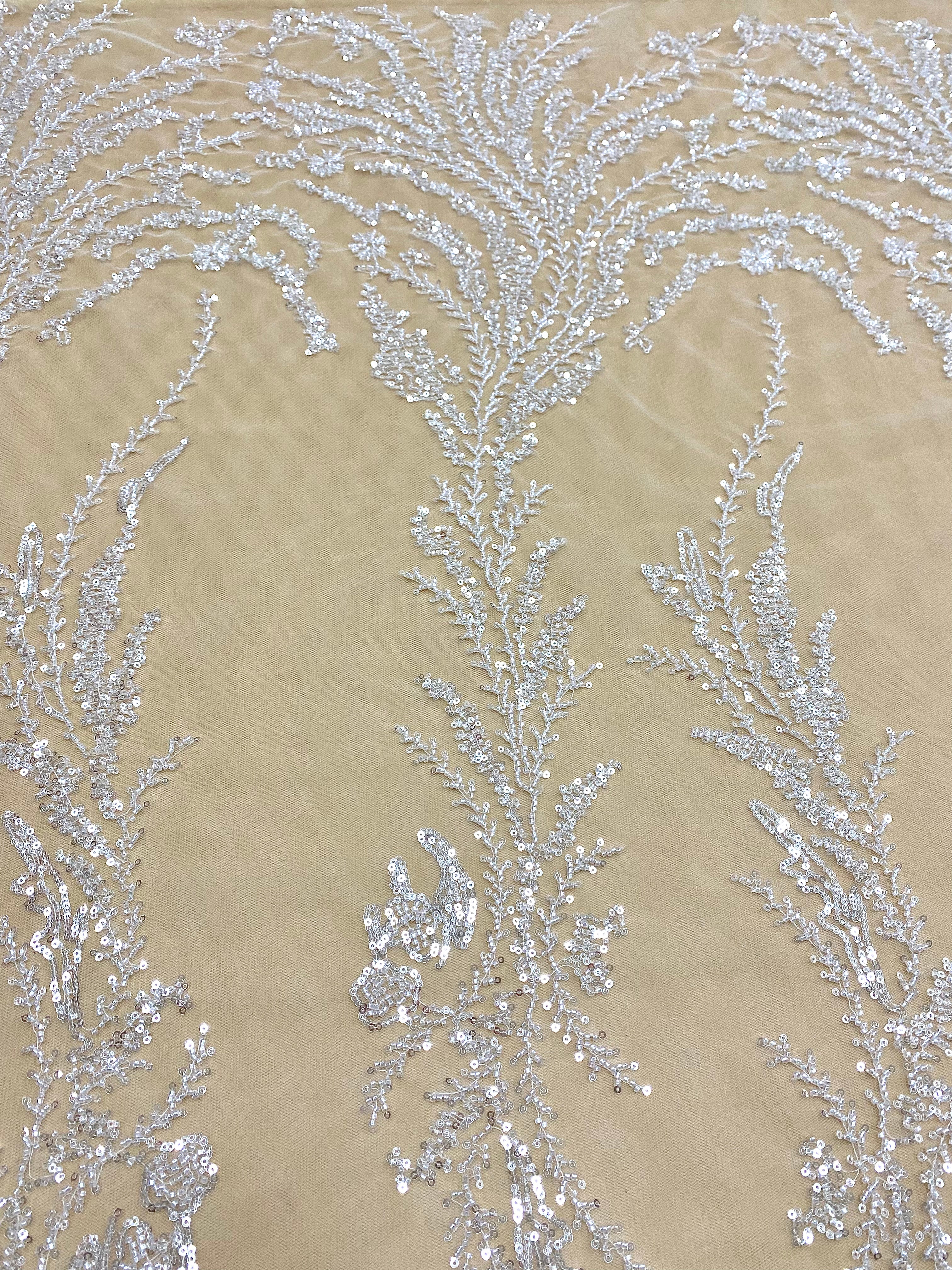 Silver Lace with Linear Pattern, with Pearls and Sequins