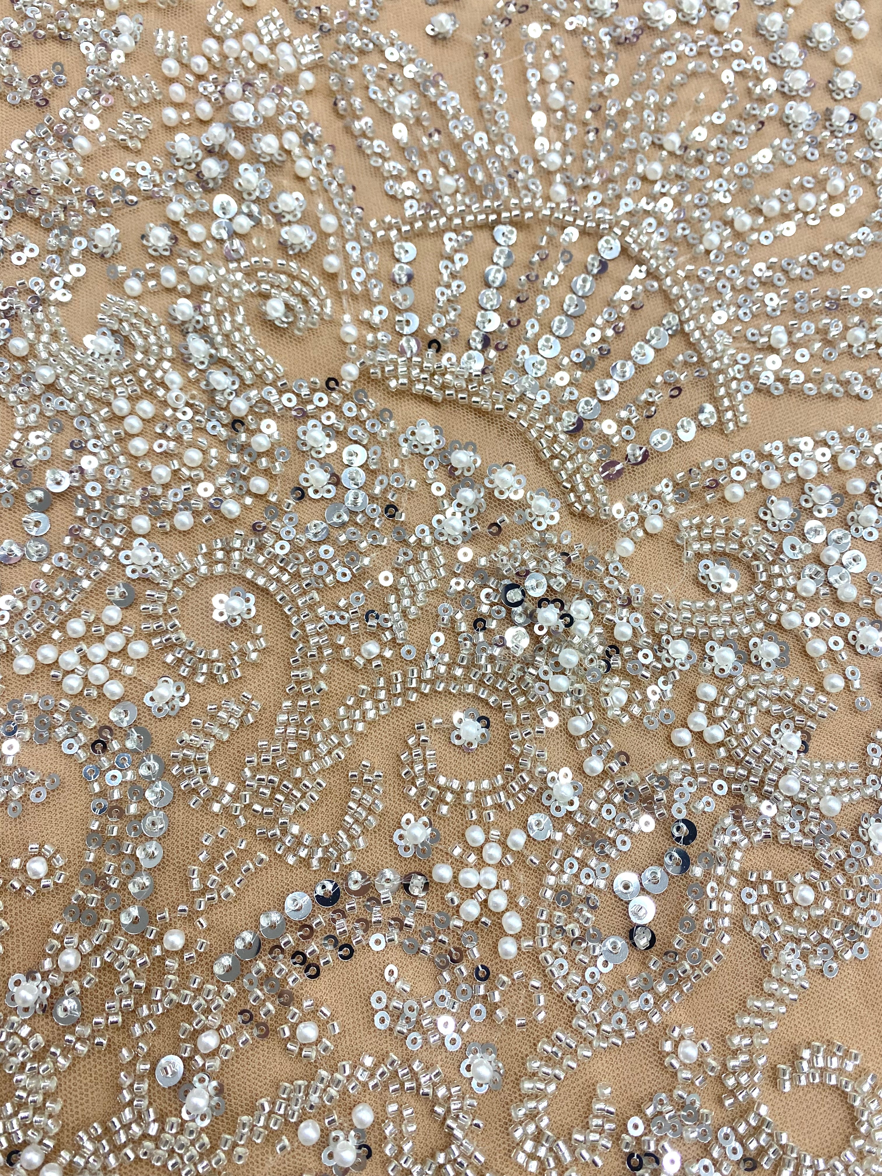 Silver Couture Lace on Nude Tulle with Geometric Pattern, with Pearls, Beads and Sequins