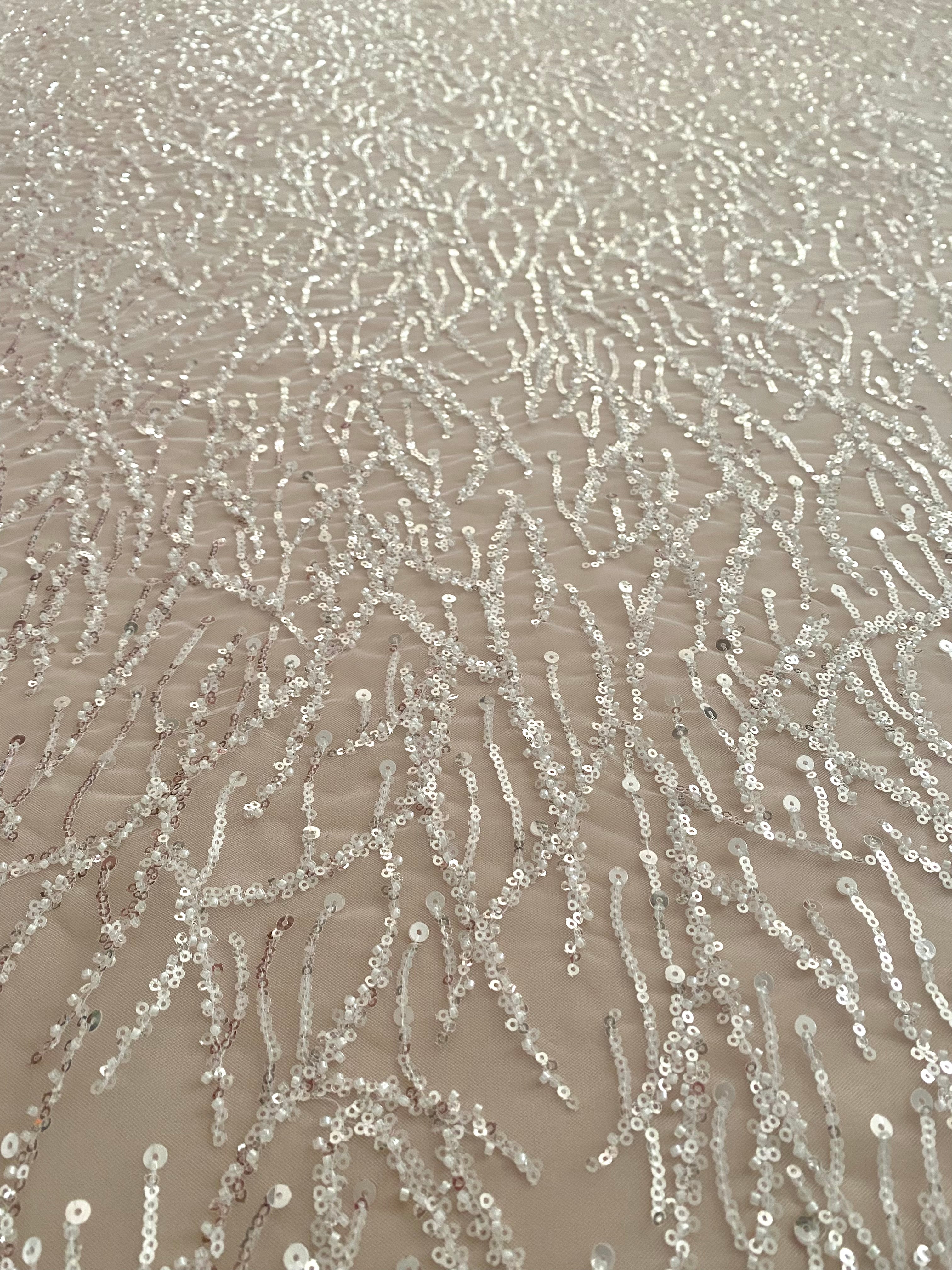 Silver Lace with Linear Pattern, with Pearls and Sequins