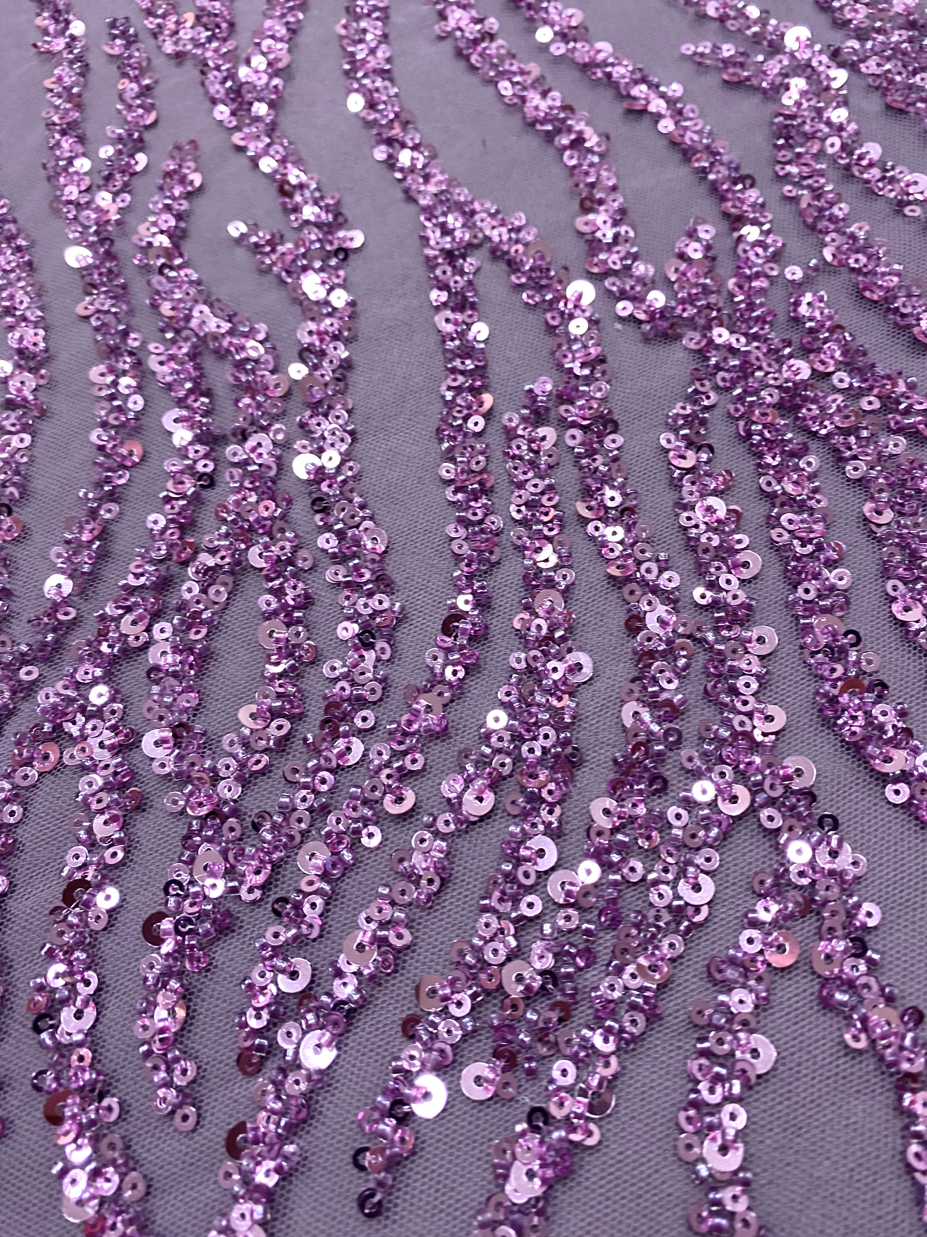 Dantela Couture Lavanda Pudrata cu Siraguri, cu Margele si Paiete