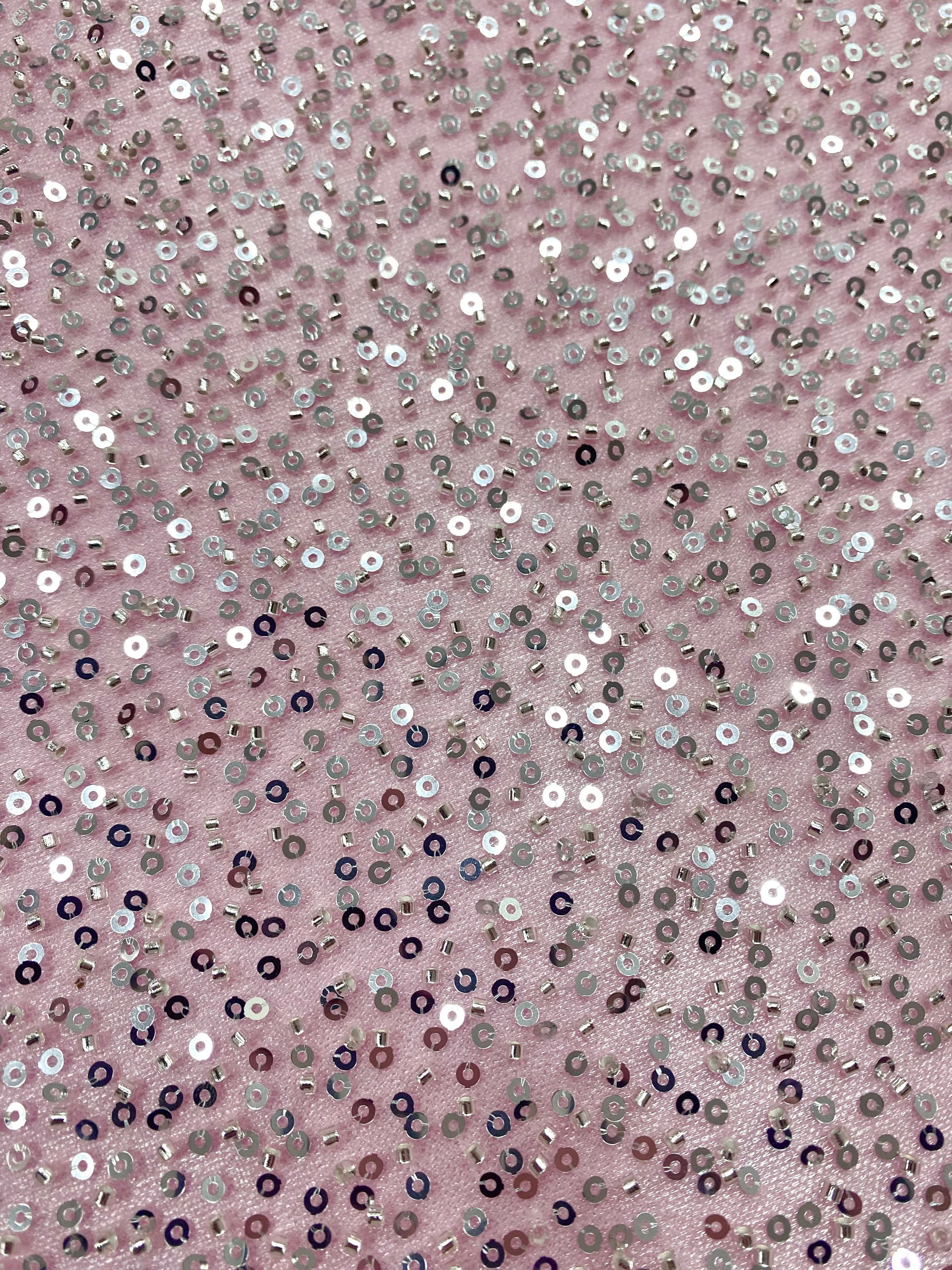 Silver Couture Lace on Pink Tulle with General Pattern, with Beads and Sequins