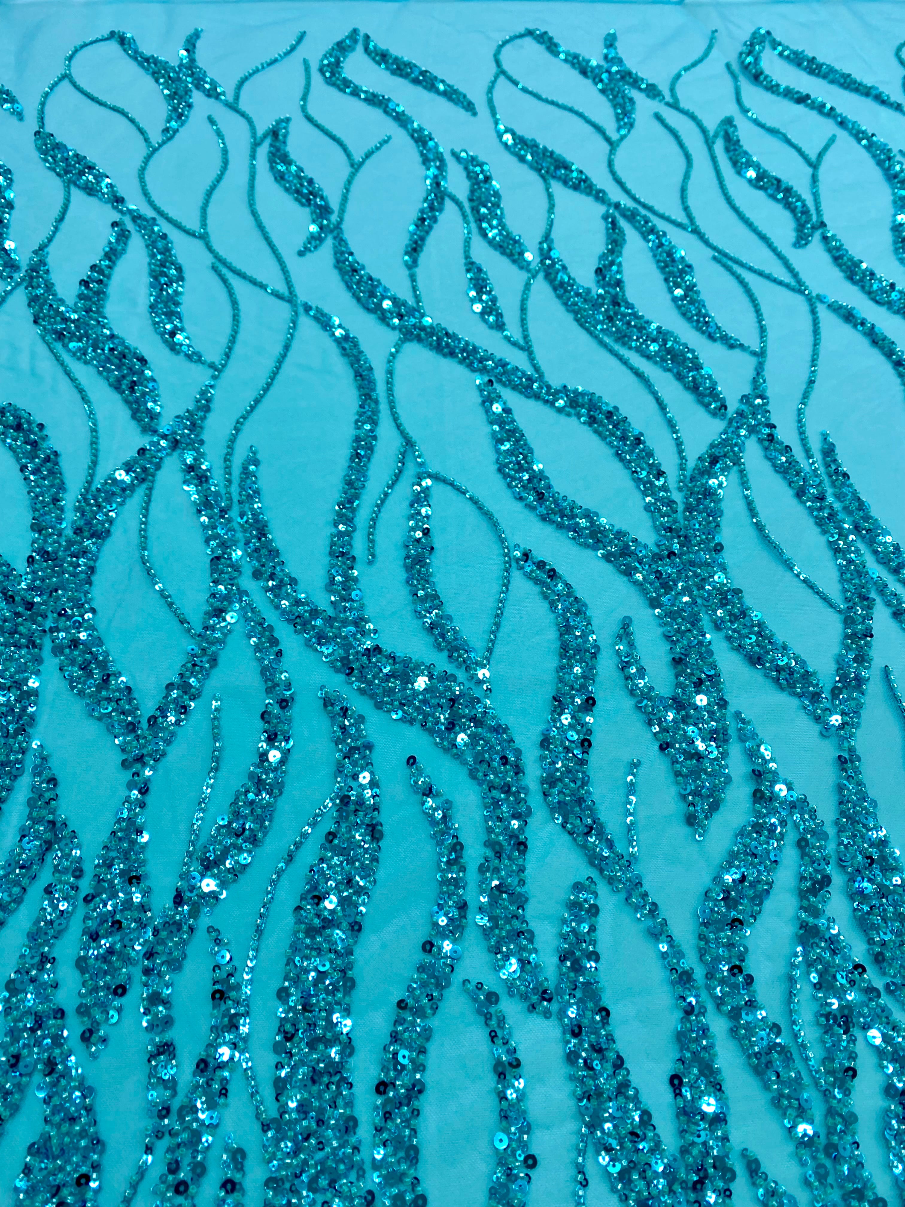 Turquoise Couture Lace with Strings, Beads and Sequins 