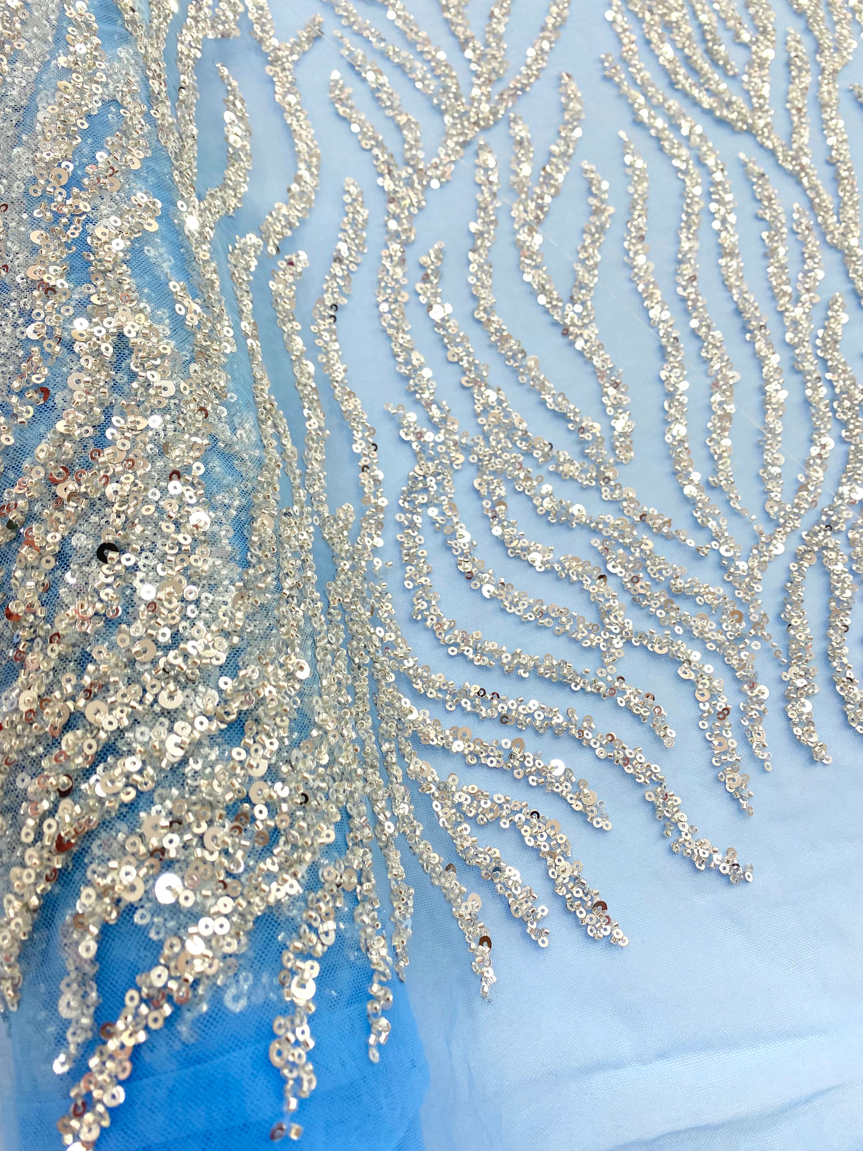 Silver Couture Lace on Blue Tulle, with Symmetrical Pattern, with Beads and Sequins 