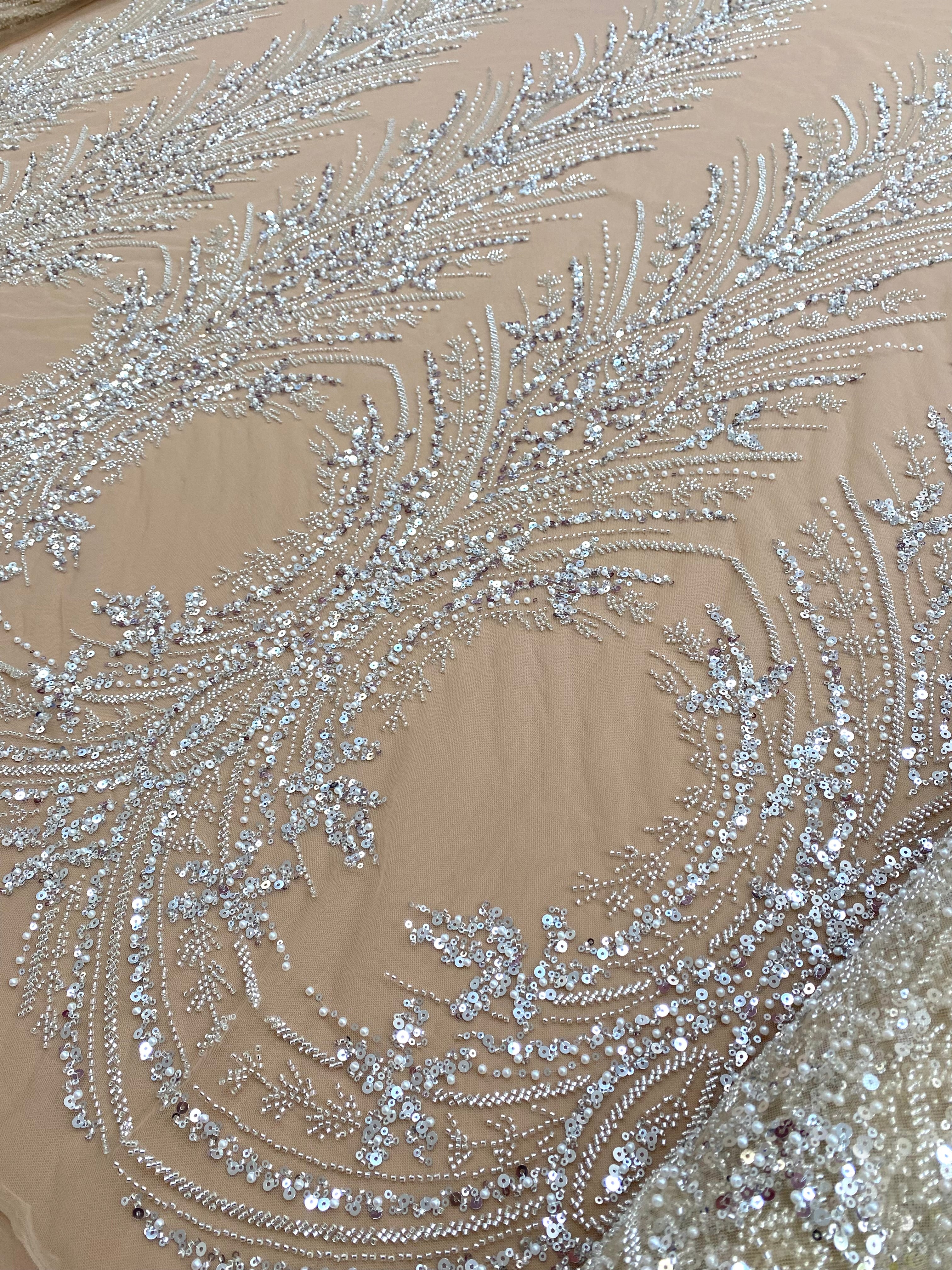 Silver Lace with Linear Pattern, with Pearls and Sequins