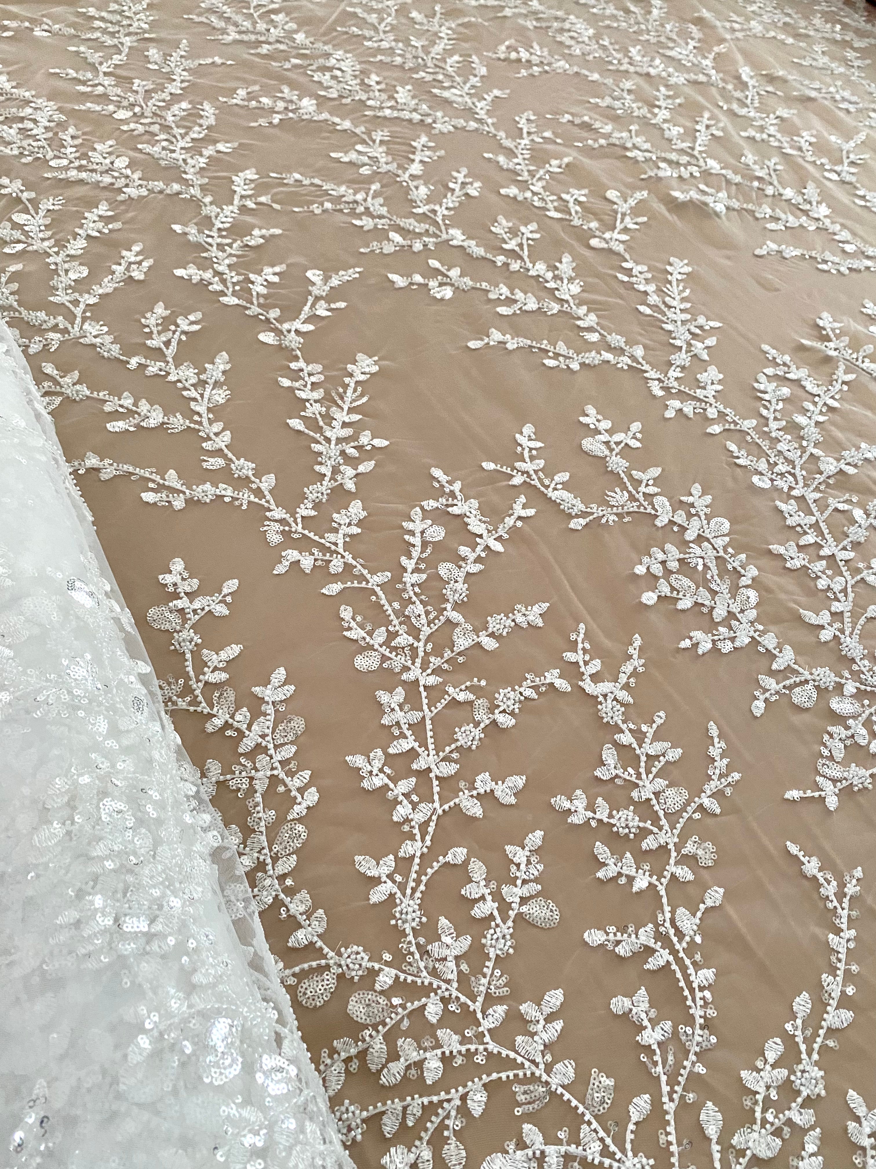 Silver Lace with Linear Pattern, with Pearls and Sequins