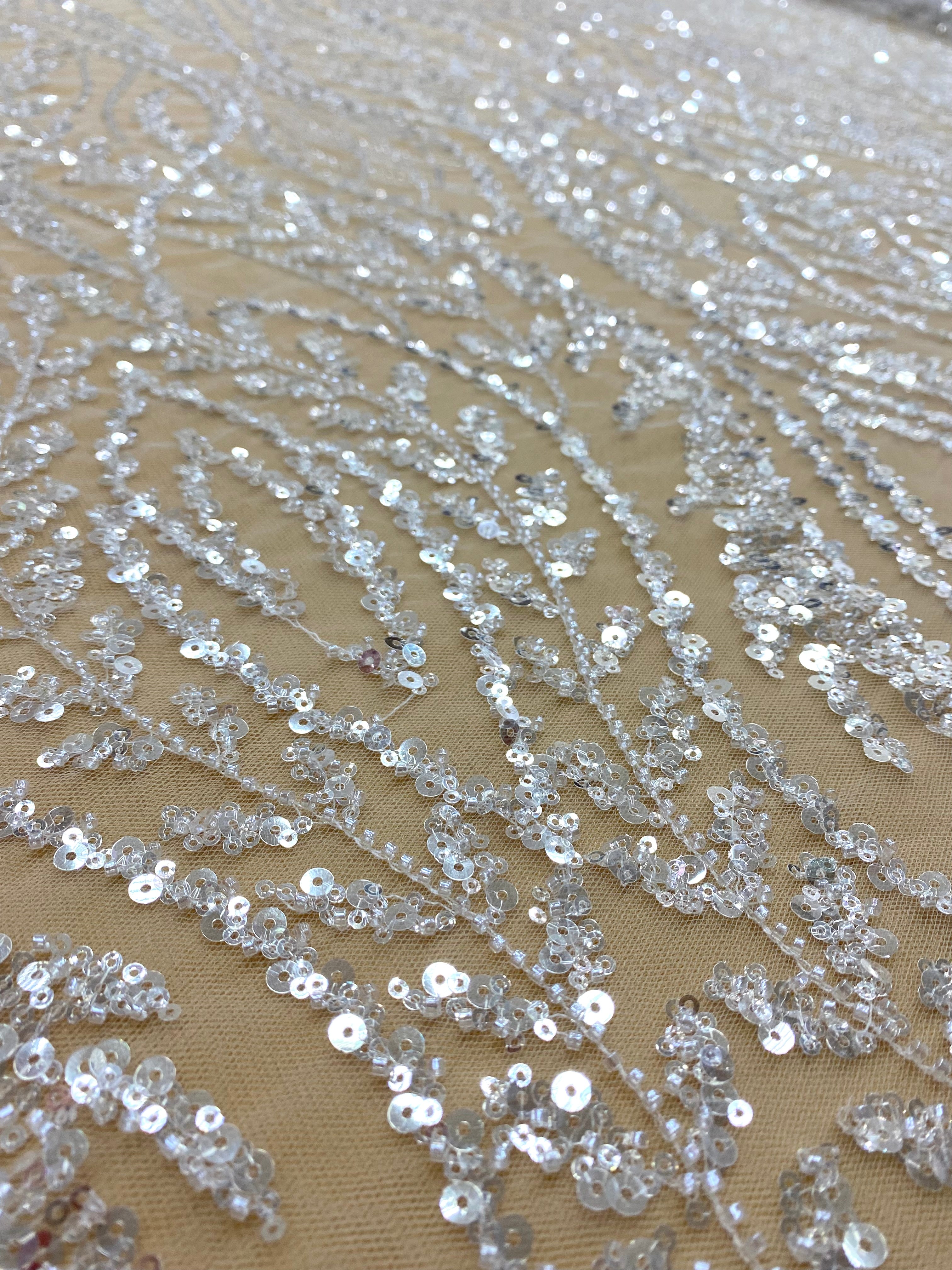 Silver Lace with Linear Pattern, with Pearls and Sequins