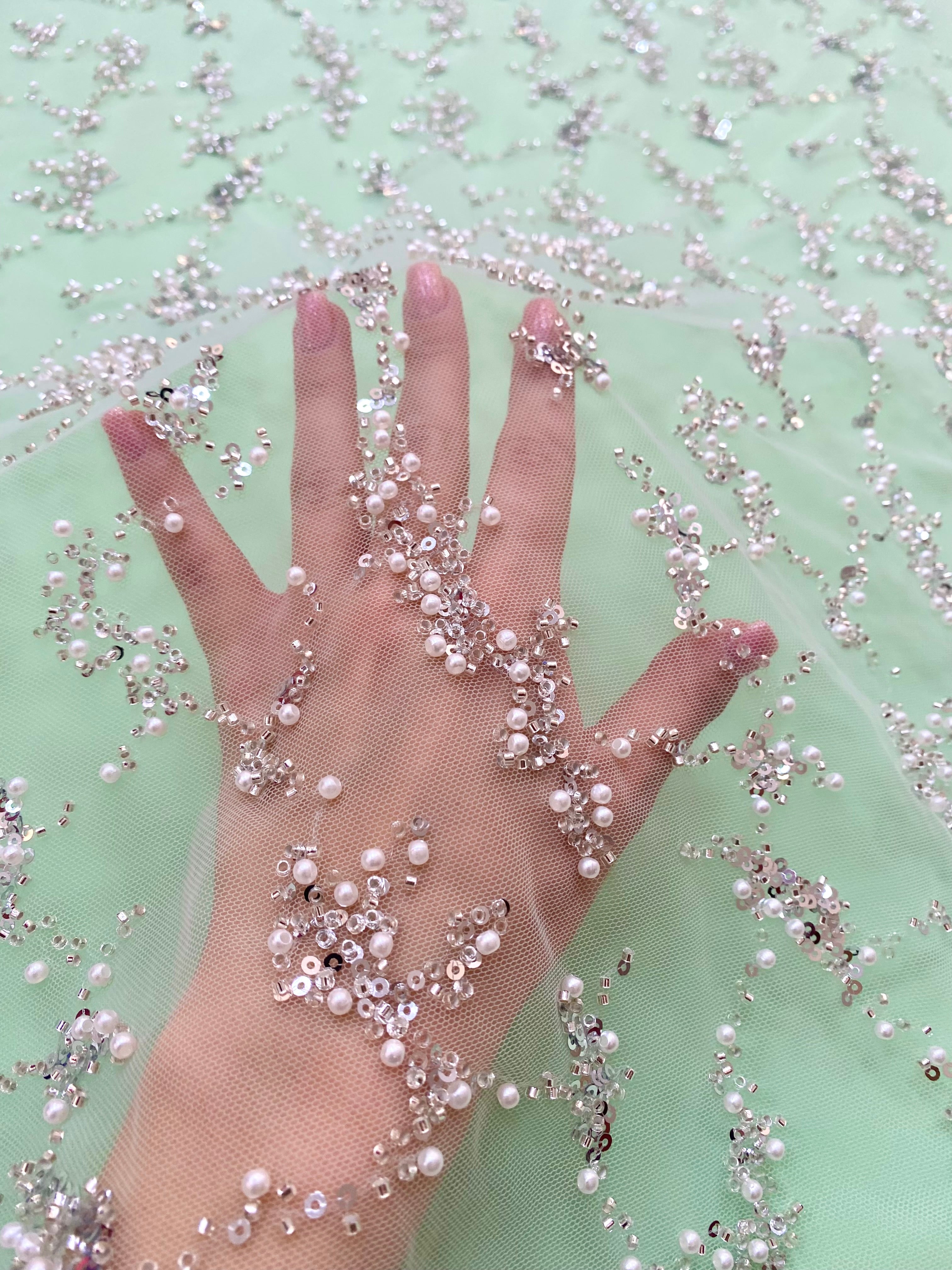 Silver Couture Lace on Mint Green Tulle with Pearls, Beads and Sequins