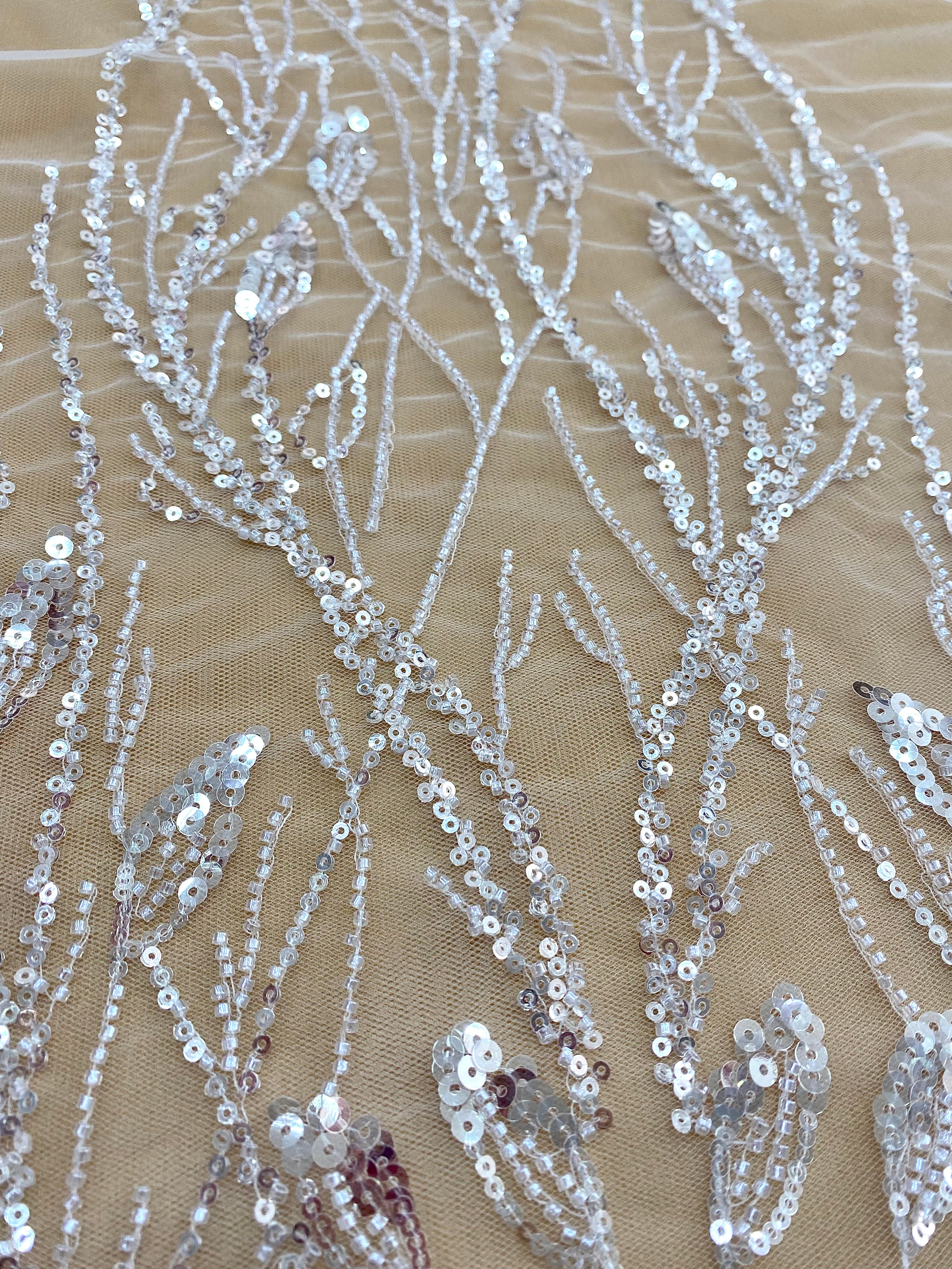 Silver Lace with Linear Pattern, with Pearls and Sequins