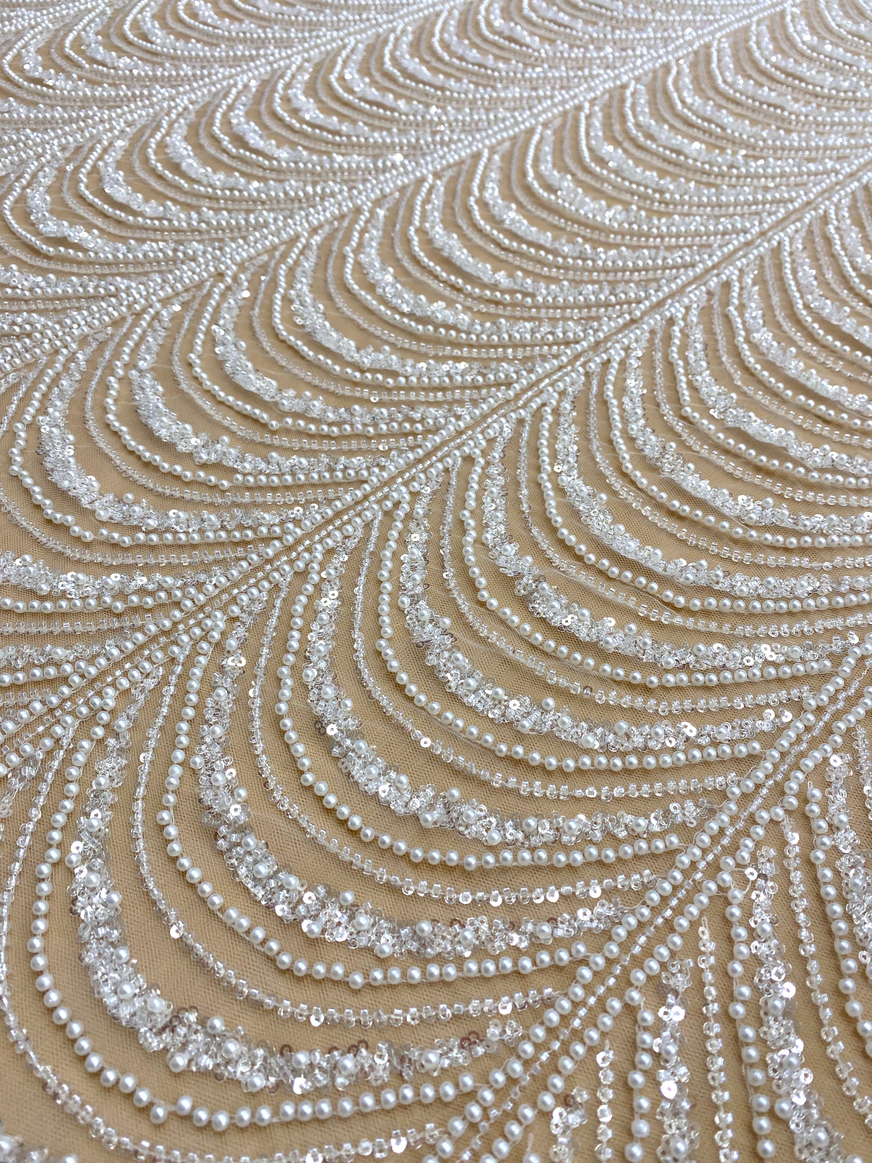 Silver Lace with Linear Pattern, with Pearls and Sequins