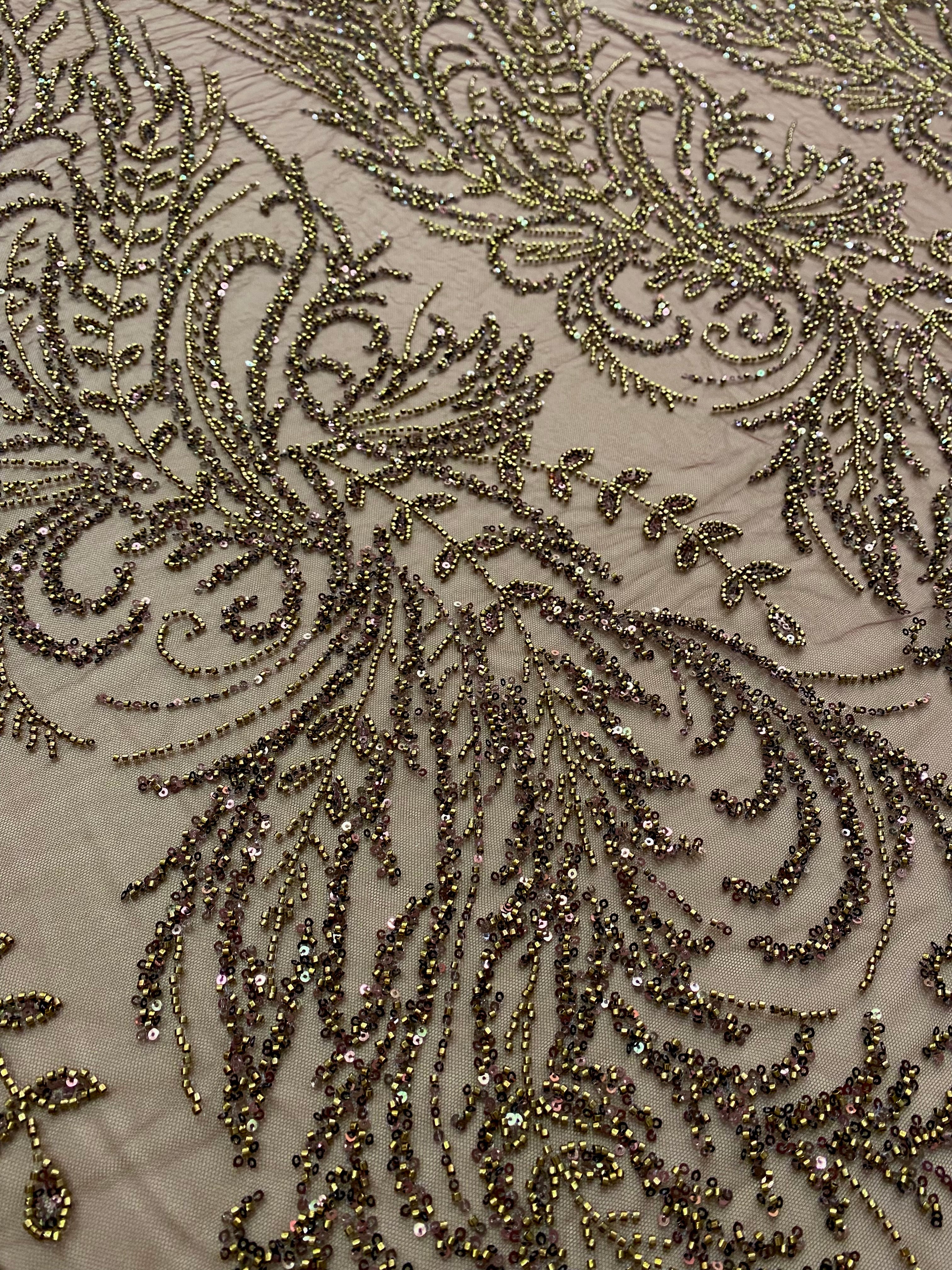 Dantela Couture Auriu Antic cu Model Floral, cu Margele si Paiete