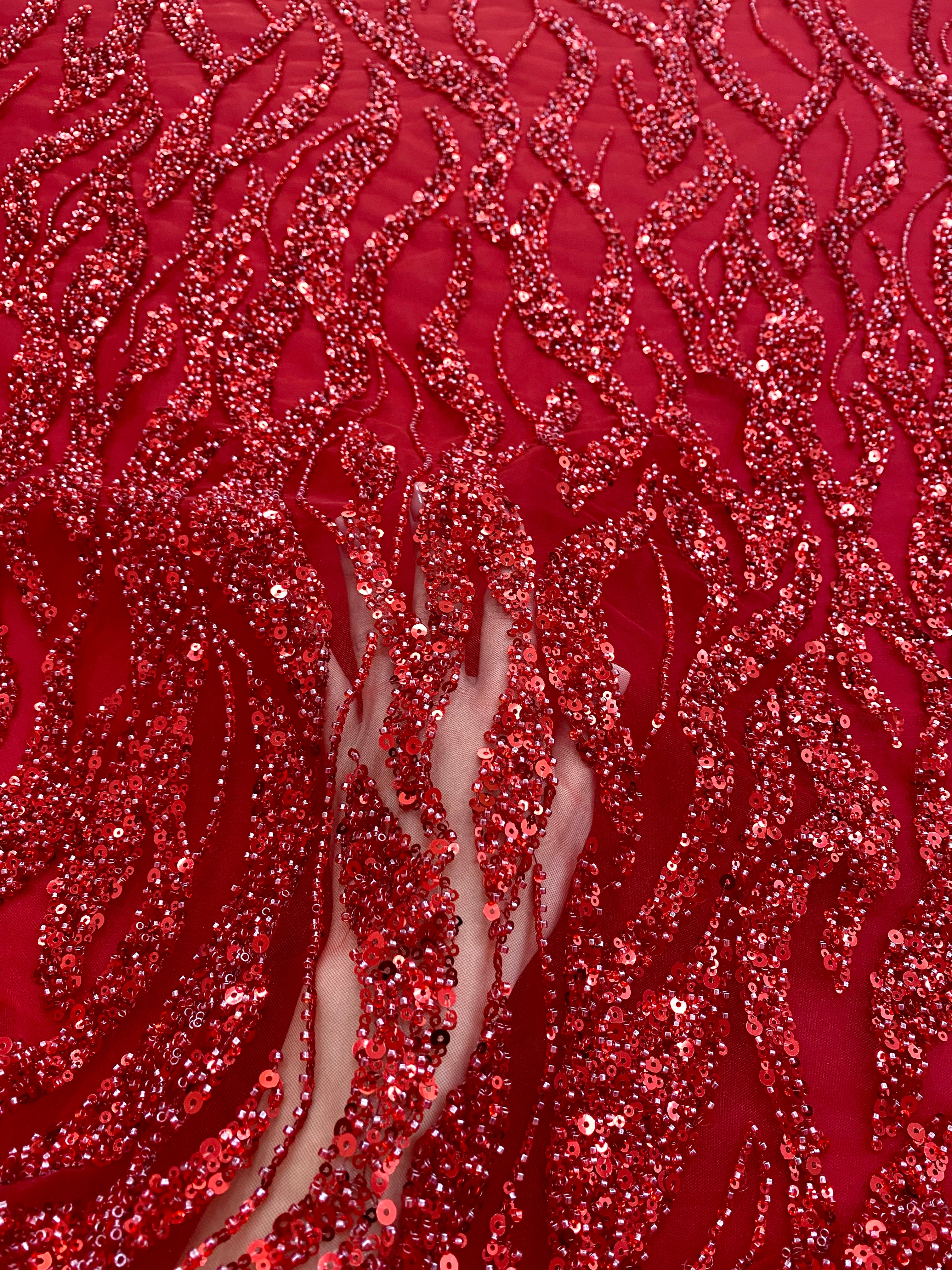 Red Couture Lace with Beads, Beads and Sequins