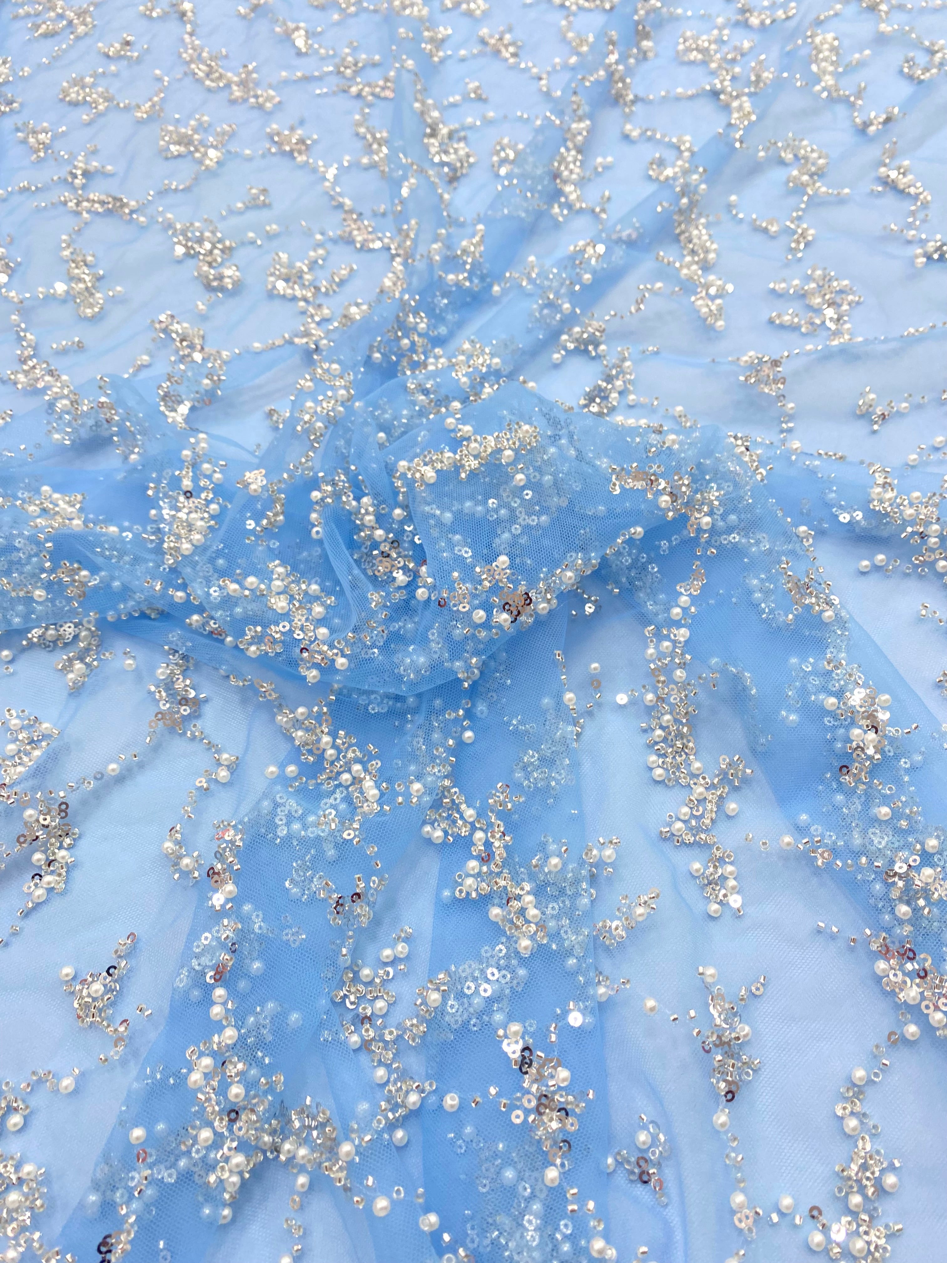 Silver Couture Lace on Blue Tulle, with Symmetrical Pattern, with Beads and Sequins 