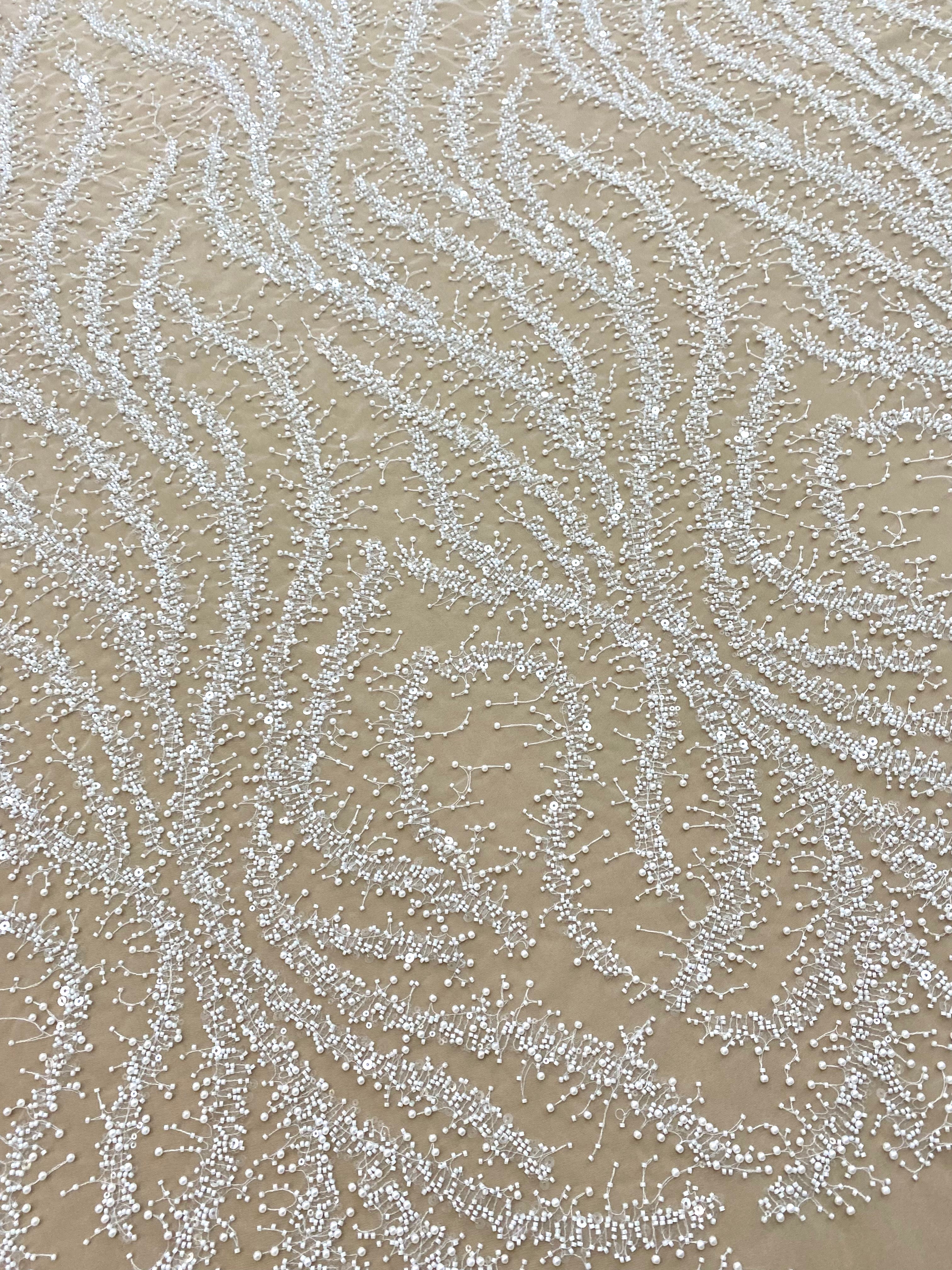 Silver Lace with Nude Tulle with Linear Pattern, Beads and Sequins