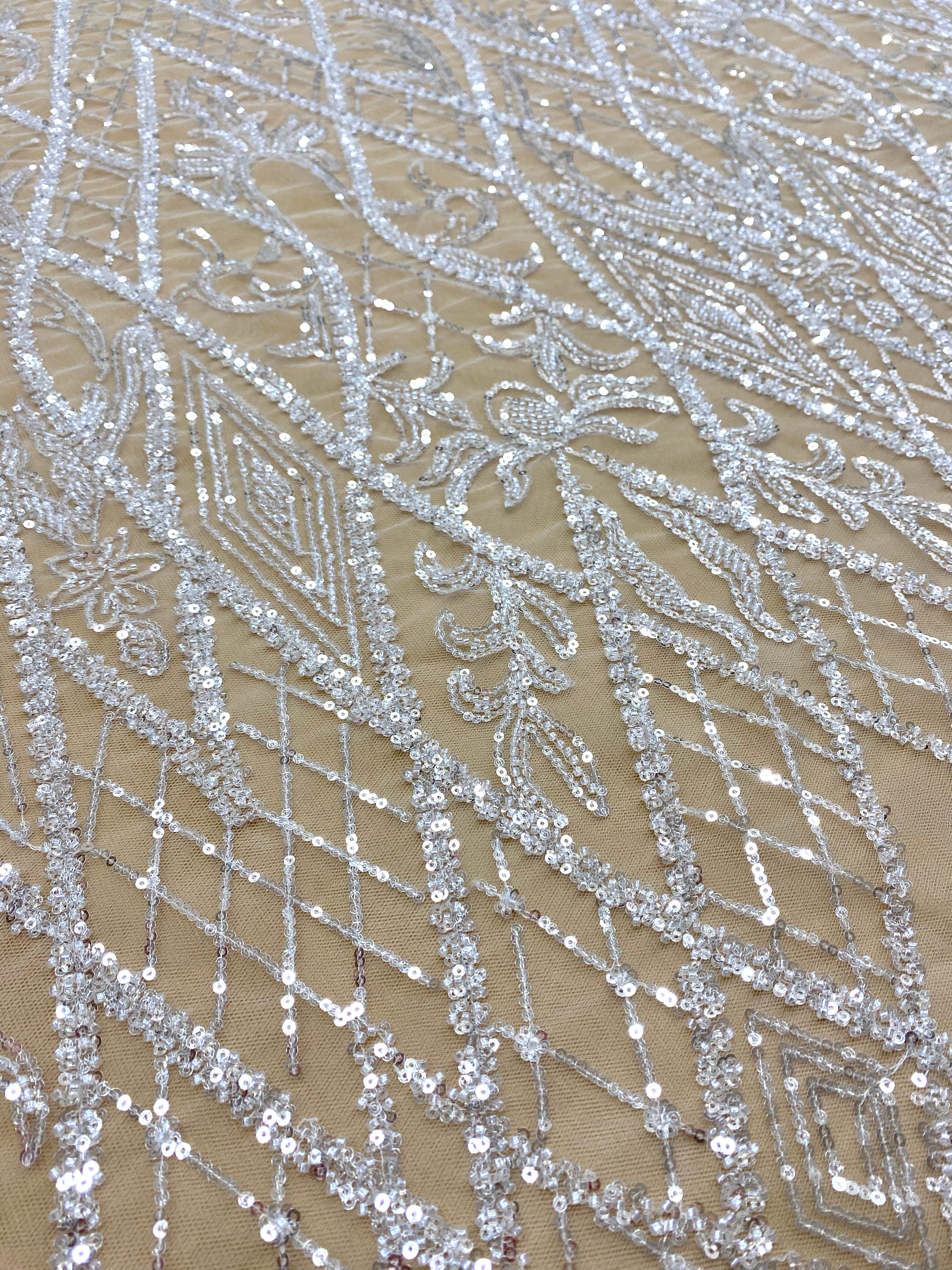 Silver Lace with Linear Pattern, with Pearls and Sequins
