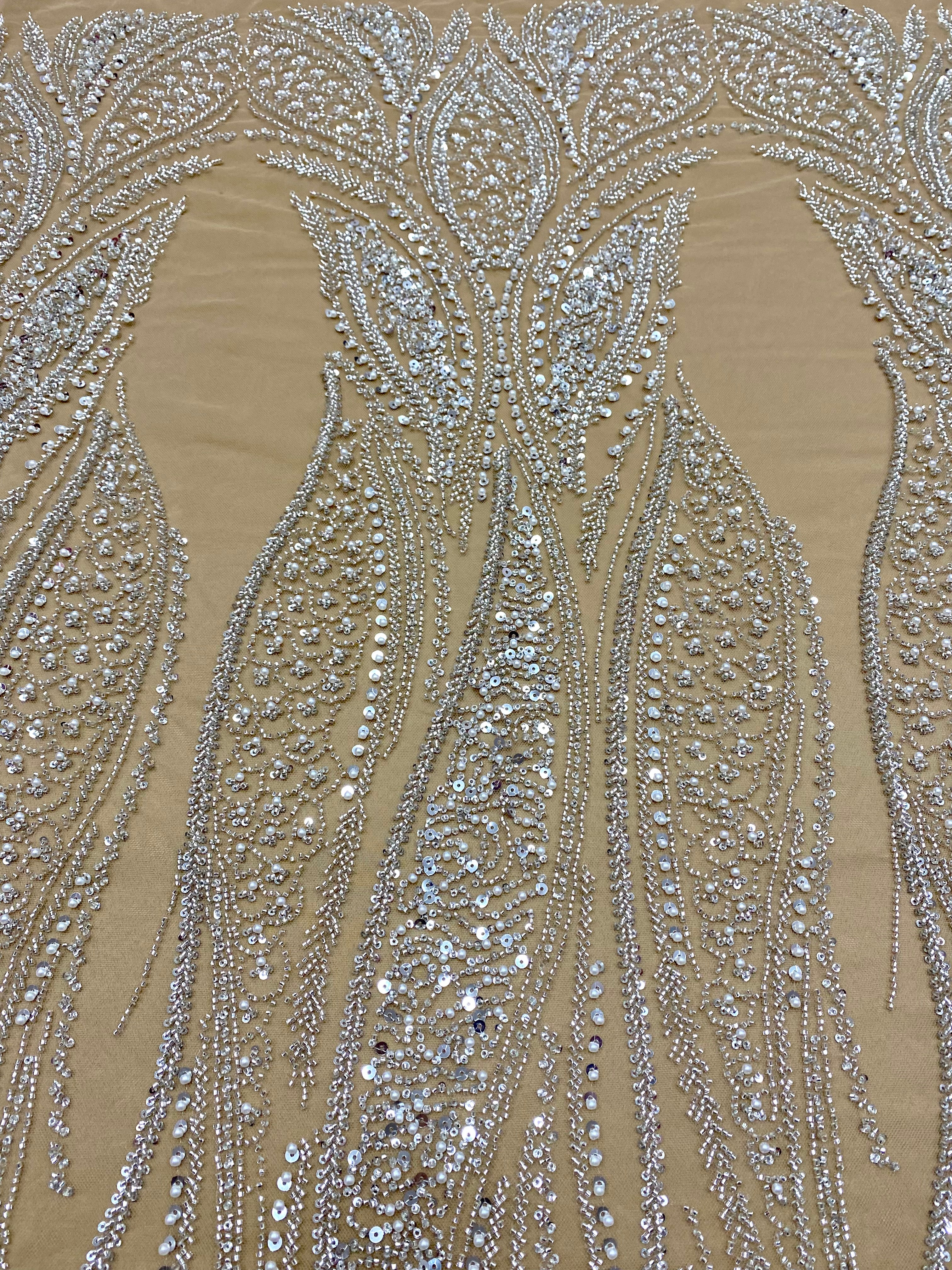 Silver Lace with Linear Pattern, with Pearls and Sequins