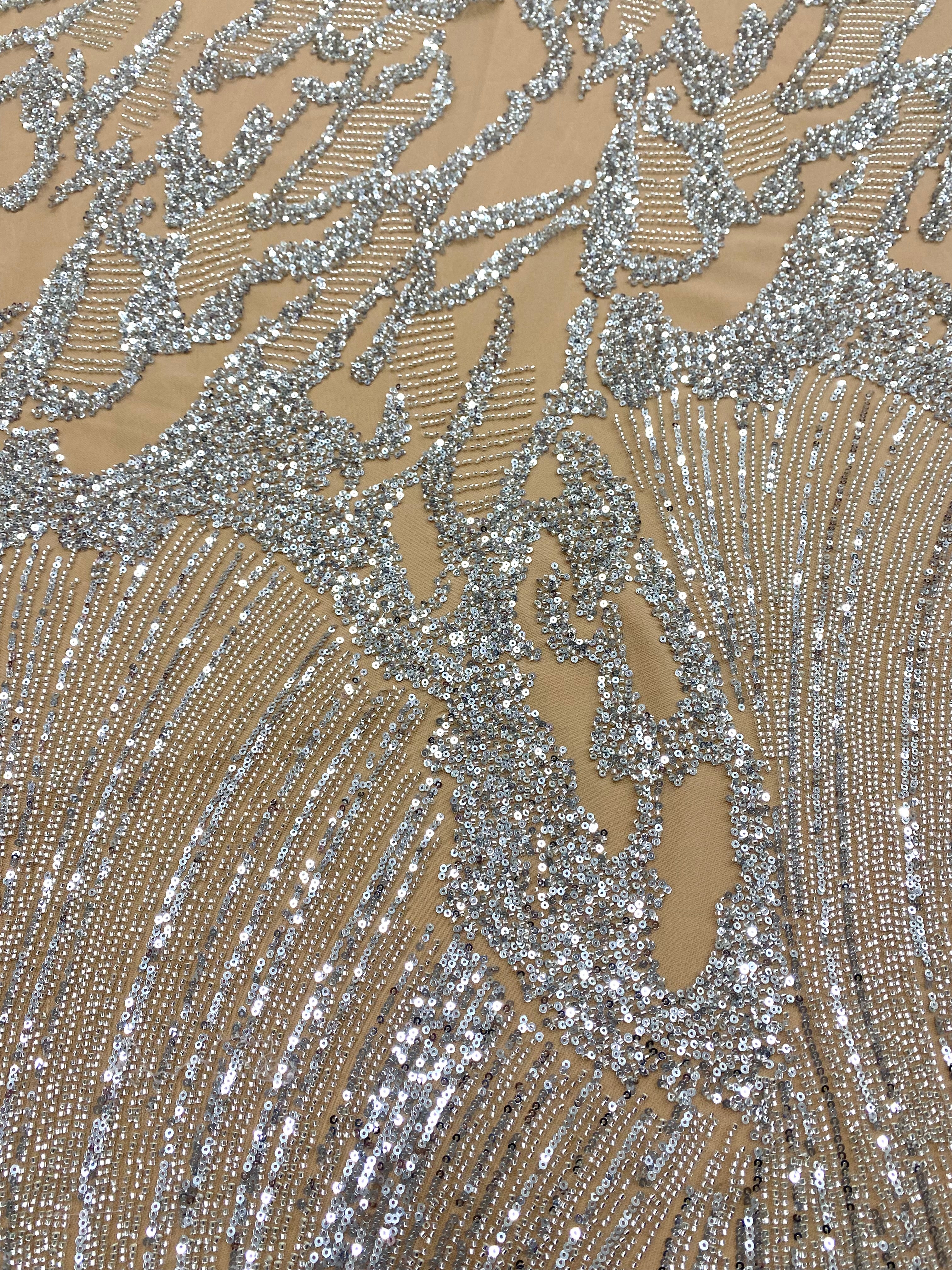 Silver Couture Lace on Nude Tulle with Geometric Pattern, Beads and Sequins