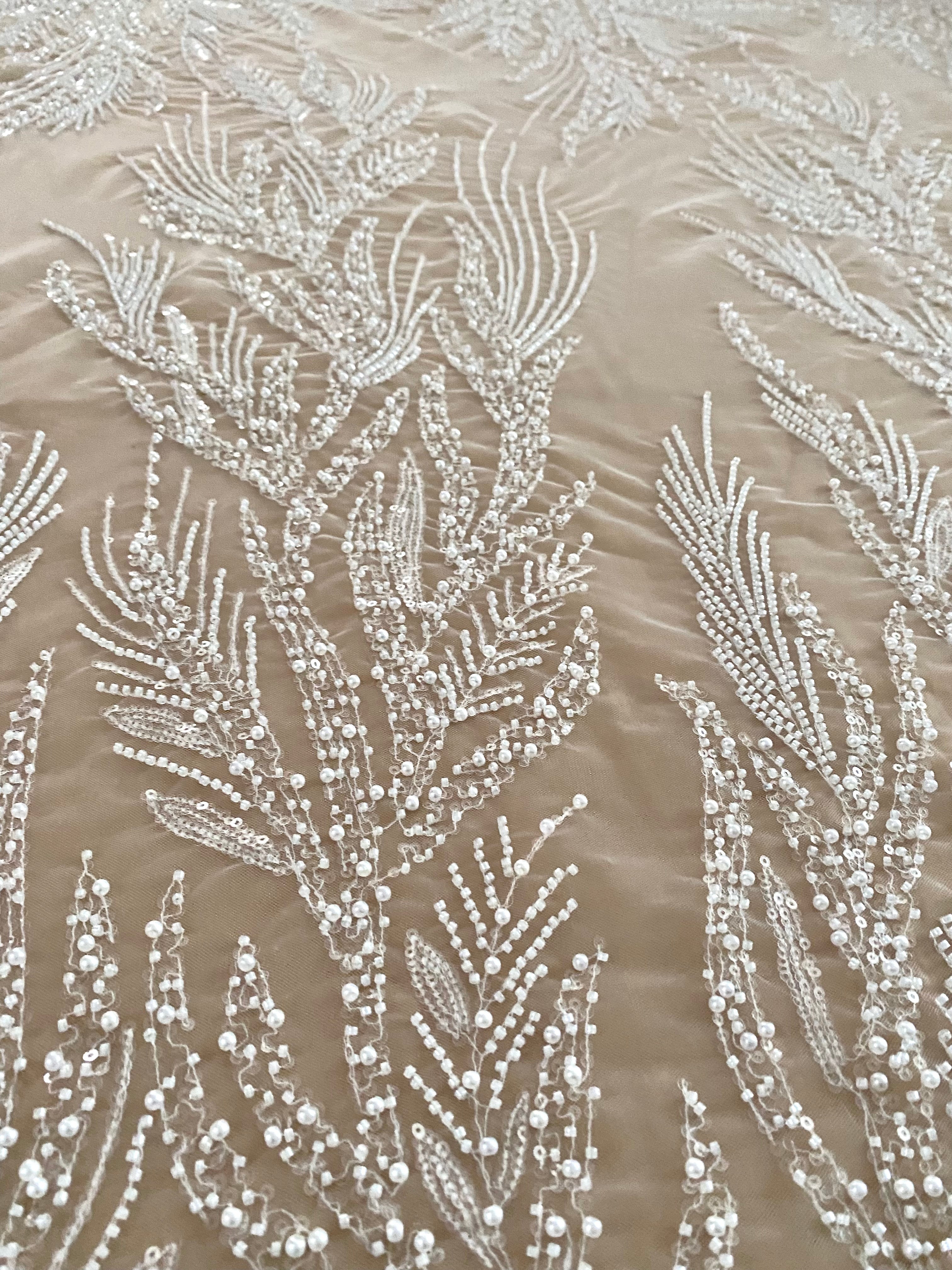 Silver Lace with Geometric Pattern, with Beads and Sequins